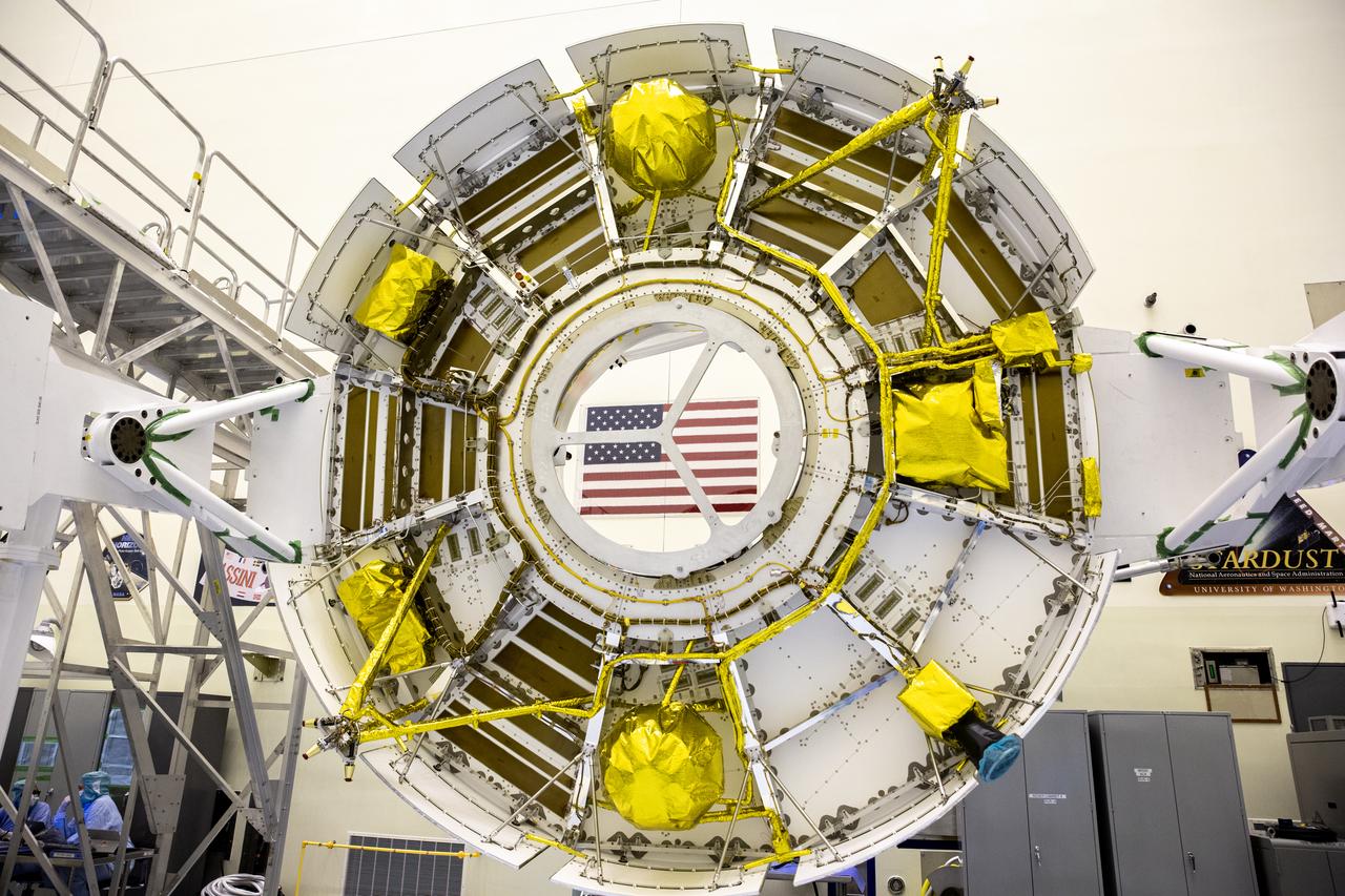 Functional testing of NASA’s Mars Helicopter and its cruise stage occurred in the airlock inside Kennedy Space Center’s Payload Hazardous Servicing Facility on March 10, 2020. The helicopter was tested on a stand while the cruise stage was tested on the rotation fixture. The helicopter will be attached to the Mars Perseverance rover during its mission, which is part of NASA's Mars Exploration Program. Perseverance will land on the Red Planet on Feb. 18, 2021. Liftoff aboard a United Launch Alliance Atlas V 541 rocket is targeted for mid-July from Cape Canaveral Air Force Station. NASA’s Launch Services Program based at Kennedy is managing the launch.
