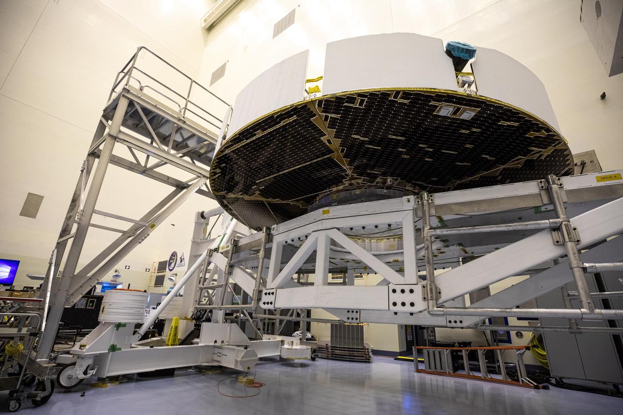 Functional testing of NASA’s Mars Helicopter and its cruise stage occurred in the airlock inside Kennedy Space Center’s Payload Hazardous Servicing Facility on March 10, 2020. The helicopter was tested on a stand while the cruise stage was tested on the rotation fixture. The helicopter will be attached to the Mars Perseverance rover during its mission, which is part of NASA's Mars Exploration Program. Perseverance will land on the Red Planet on Feb. 18, 2021. Liftoff aboard a United Launch Alliance Atlas V 541 rocket is targeted for mid-July from Cape Canaveral Air Force Station. NASA’s Launch Services Program based at Kennedy is managing the launch.