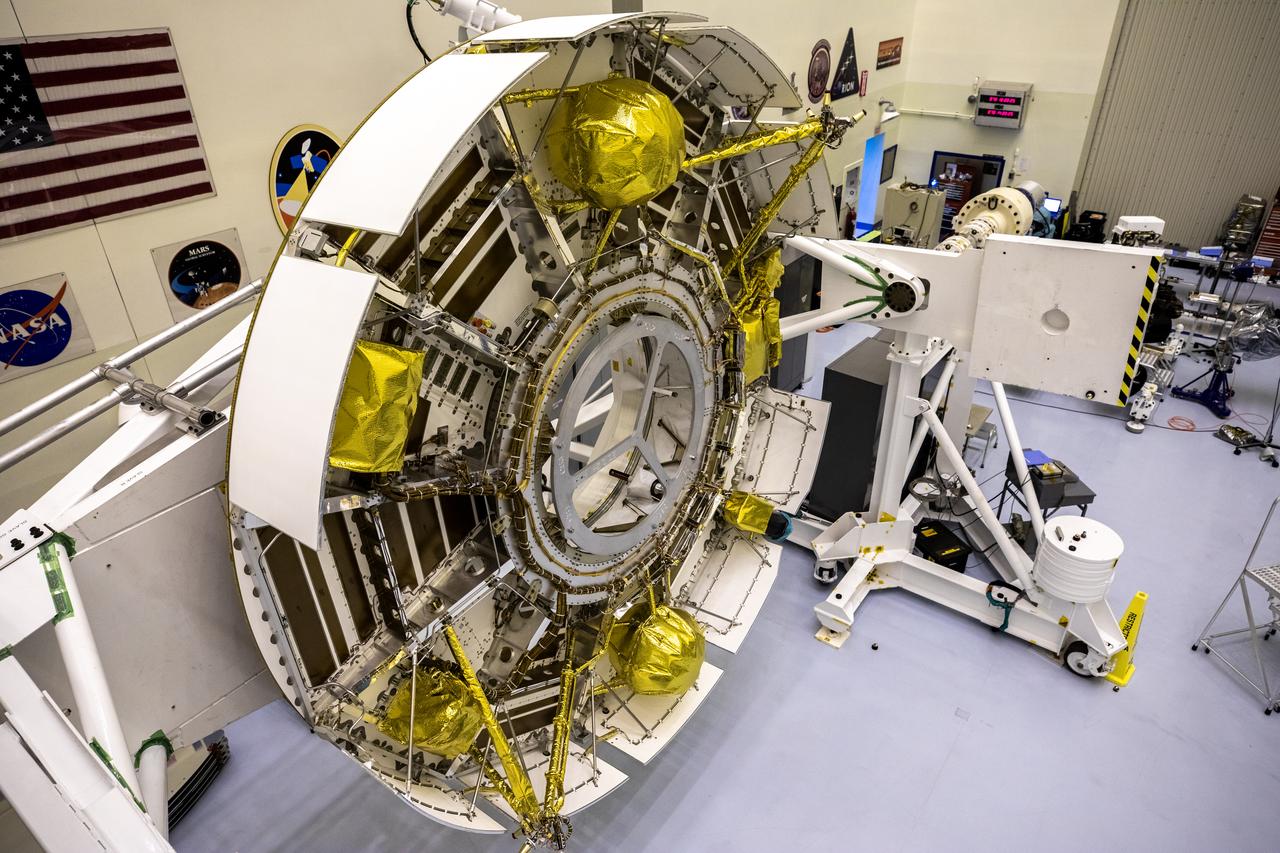 Functional testing of NASA’s Mars Helicopter and its cruise stage occurred in the airlock inside Kennedy Space Center’s Payload Hazardous Servicing Facility on March 10, 2020. The helicopter was tested on a stand while the cruise stage was tested on the rotation fixture. The helicopter will be attached to the Mars Perseverance rover during its mission, which is part of NASA's Mars Exploration Program. Perseverance will land on the Red Planet on Feb. 18, 2021. Liftoff aboard a United Launch Alliance Atlas V 541 rocket is targeted for mid-July from Cape Canaveral Air Force Station. NASA’s Launch Services Program based at Kennedy is managing the launch.