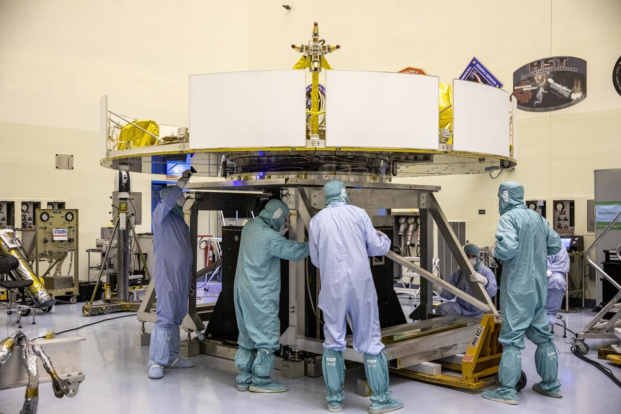 Functional testing of NASA’s Mars Helicopter and its cruise stage occurred in the airlock inside Kennedy Space Center’s Payload Hazardous Servicing Facility on March 10, 2020. The helicopter was tested on a stand while the cruise stage was tested on the rotation fixture. The helicopter will be attached to the Mars Perseverance rover during its mission, which is part of NASA's Mars Exploration Program. Perseverance will land on the Red Planet on Feb. 18, 2021. Liftoff aboard a United Launch Alliance Atlas V 541 rocket is targeted for mid-July from Cape Canaveral Air Force Station. NASA’s Launch Services Program based at Kennedy is managing the launch.