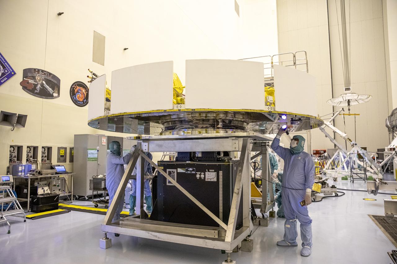 Functional testing of NASA’s Mars Helicopter and its cruise stage occurred in the airlock inside Kennedy Space Center’s Payload Hazardous Servicing Facility on March 10, 2020. The helicopter was tested on a stand while the cruise stage was tested on the rotation fixture. The helicopter will be attached to the Mars Perseverance rover during its mission, which is part of NASA's Mars Exploration Program. Perseverance will land on the Red Planet on Feb. 18, 2021. Liftoff aboard a United Launch Alliance Atlas V 541 rocket is targeted for mid-July from Cape Canaveral Air Force Station. NASA’s Launch Services Program based at Kennedy is managing the launch.