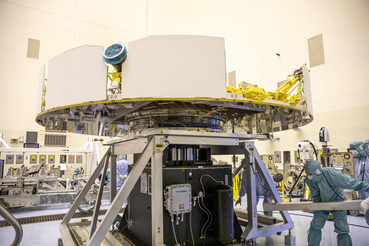 Functional testing of NASA’s Mars Helicopter and its cruise stage occurred in the airlock inside Kennedy Space Center’s Payload Hazardous Servicing Facility on March 10, 2020. The helicopter was tested on a stand while the cruise stage was tested on the rotation fixture. The helicopter will be attached to the Mars Perseverance rover during its mission, which is part of NASA's Mars Exploration Program. Perseverance will land on the Red Planet on Feb. 18, 2021. Liftoff aboard a United Launch Alliance Atlas V 541 rocket is targeted for mid-July from Cape Canaveral Air Force Station. NASA’s Launch Services Program based at Kennedy is managing the launch.
