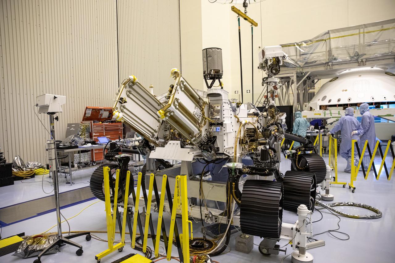 Functional testing of NASA’s Mars Helicopter and its cruise stage occurred in the airlock inside Kennedy Space Center’s Payload Hazardous Servicing Facility on March 10, 2020. The helicopter was tested on a stand while the cruise stage was tested on the rotation fixture. The helicopter will be attached to the Mars Perseverance rover during its mission, which is part of NASA's Mars Exploration Program. Perseverance will land on the Red Planet on Feb. 18, 2021. Liftoff aboard a United Launch Alliance Atlas V 541 rocket is targeted for mid-July from Cape Canaveral Air Force Station. NASA’s Launch Services Program based at Kennedy is managing the launch.