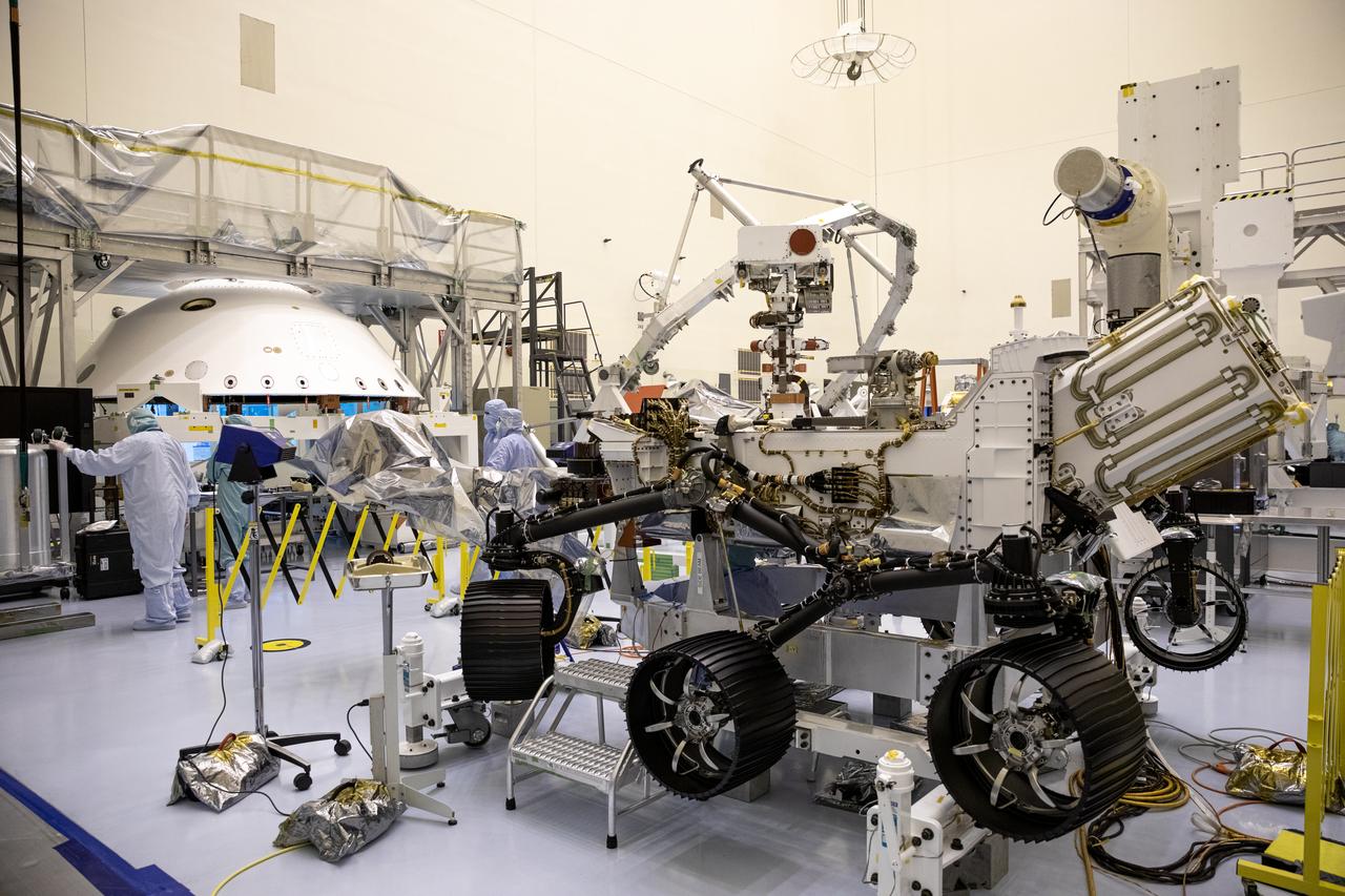 Functional testing of NASA’s Mars Helicopter and its cruise stage occurred in the airlock inside Kennedy Space Center’s Payload Hazardous Servicing Facility on March 10, 2020. The helicopter was tested on a stand while the cruise stage was tested on the rotation fixture. The helicopter will be attached to the Mars Perseverance rover during its mission, which is part of NASA's Mars Exploration Program. Perseverance will land on the Red Planet on Feb. 18, 2021. Liftoff aboard a United Launch Alliance Atlas V 541 rocket is targeted for mid-July from Cape Canaveral Air Force Station. NASA’s Launch Services Program based at Kennedy is managing the launch.