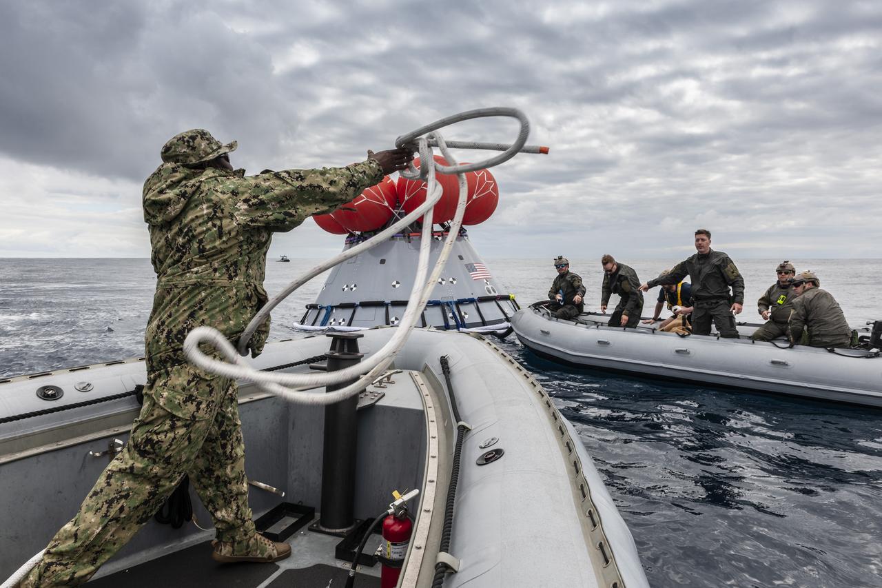 During Underway Recovery Test-8, NASA's Landing and Recovery team from Exploration Ground Systems at Kennedy Space Center performed their first full mission profile test of the recovery procedures for Artemis I aboard the USS John P. Murtha in the Pacific Ocean. Artemis I will be the first integrated flight test of NASA's Deep Space Exploration Systems: the Orion spacecraft, Space Launch System rocket, with the newly upgraded Exploration Ground Systems at Kennedy Space Center.