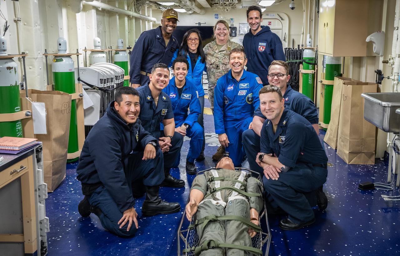 Astronauts Jessica Watkins and Michael Barratt observe Underway Recovery Test-8 aboard the USS John P. Murtha. During the test, NASA’s Landing and Recovery Team practiced bringing Orion into the well deck of the ship to ensure recovery procedure timelines are validated as NASA plans to send Artemis I around the Moon and splashdown in the Pacific Ocean.