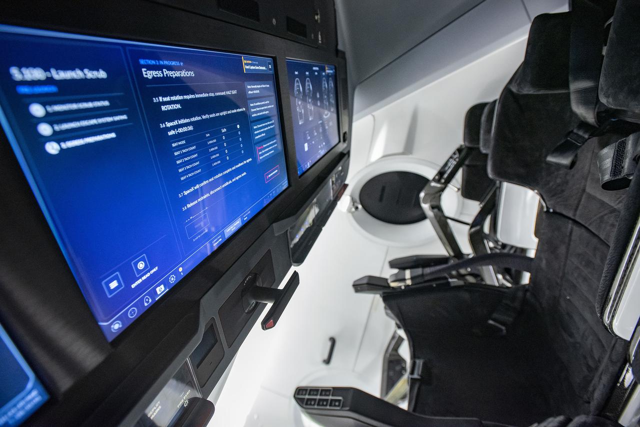 On Monday, March 30, 2020 at a SpaceX processing facility on Cape Canaveral Air Force Station in Florida, SpaceX successfully completed a fully integrated test of critical crew flight hardware ahead of Crew Dragon’s second demonstration mission to the International Space Station for NASA's Commercial Crew Program; the first flight test with astronauts onboard the spacecraft. NASA astronauts Bob Behnken and Doug Hurley participated in the test, which included flight suit leak checks, spacecraft sound verification, display panel and cargo bin inspections, seat hardware rotations, and more.