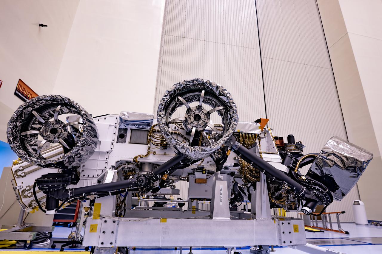 Wheels are installed on NASA’s Mars Perseverance rover inside Kennedy Space Center’s Payload Hazardous Servicing Facility on March 30, 2020. Perseverance will liftoff aboard a United Launch Alliance Atlas V 541 rocket from Cape Canaveral Air Force Station in July 2020. NASA’s Launch Services Program based at Kennedy is managing the launch. The rover will land on Mars on Feb. 18, 2021.