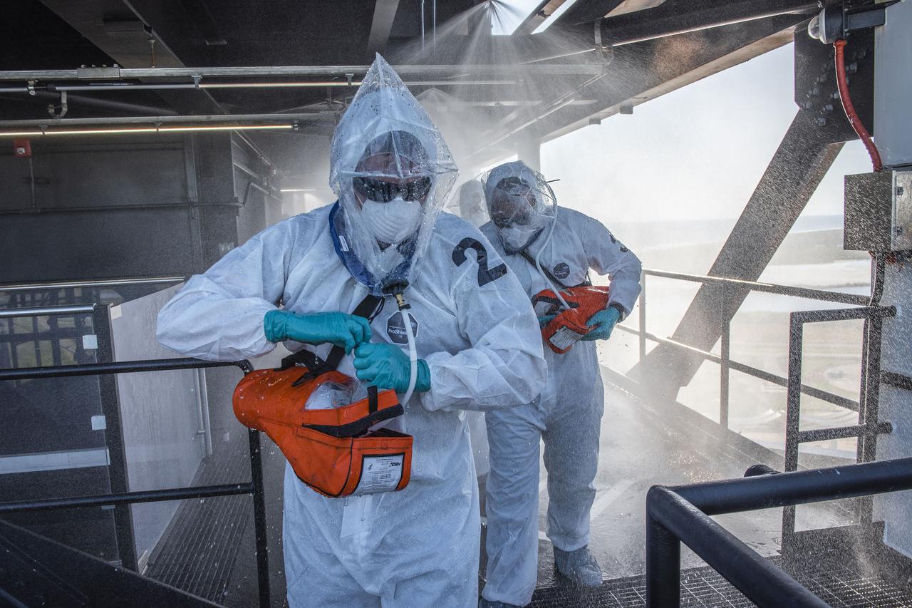 On Friday, April 3, 2020, NASA and SpaceX completed an end-to-end demonstration of the teams’ ability to safely evacuate crew members from the Fixed Service Structure during an emergency situation at Launch Complex 39A at NASA’s Kennedy Space Center in Florida. 