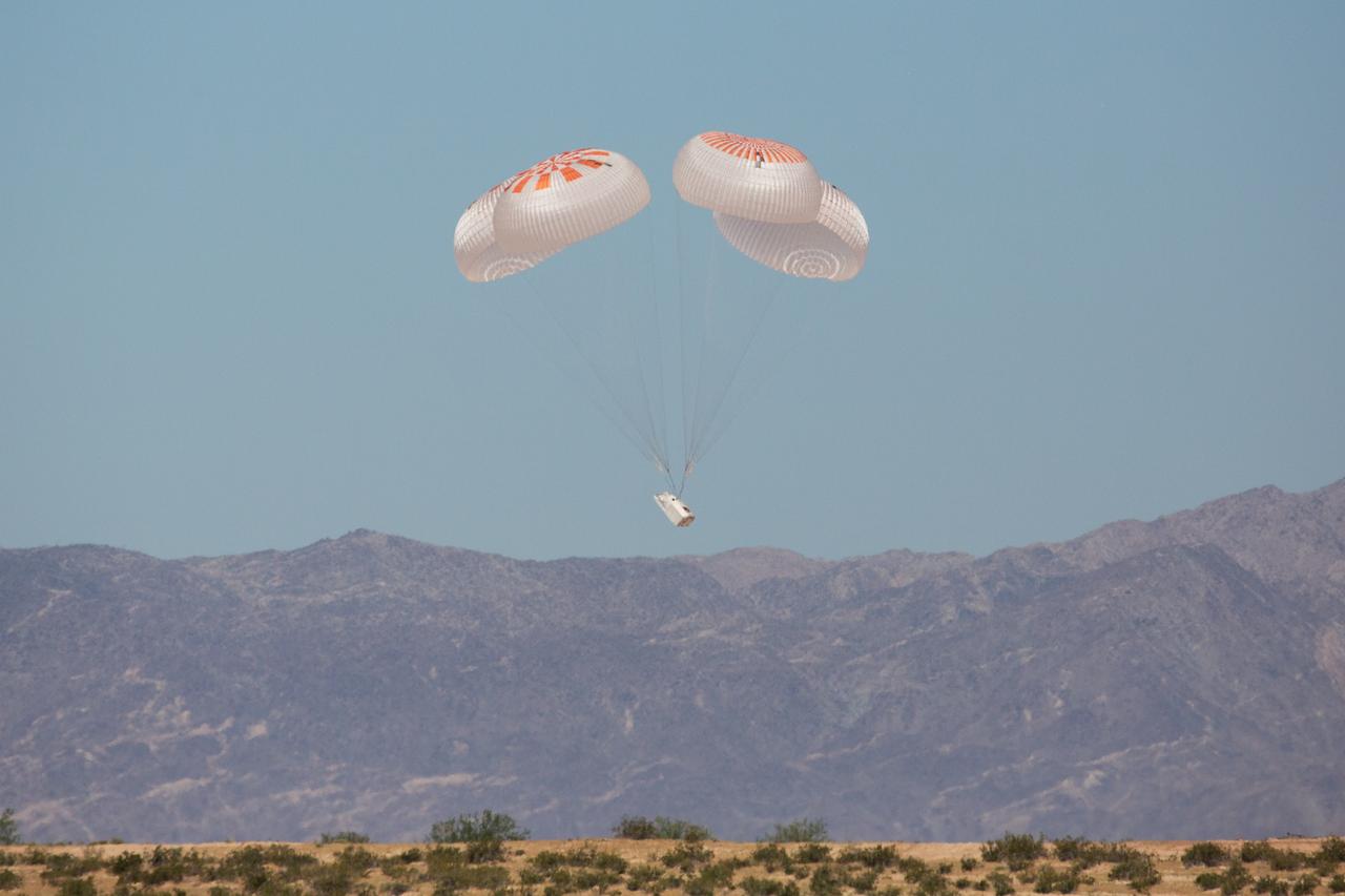 SpaceX completed its 27th and final test of Crew Dragon’s Mark 3 parachute system on Friday, May 1, 2020, that will be used during the Demo-2 mission to safely land the spacecraft carrying NASA astronauts Robert Behnken and Douglas Hurley back from the International Space Station for NASA’s Commercial Crew Program. Crew Dragon will carry Behnken and Hurley atop a Falcon 9 rocket, returning crew launches to the space station from U.S. soil for the first time since the Space Shuttle Program ended in 2011.