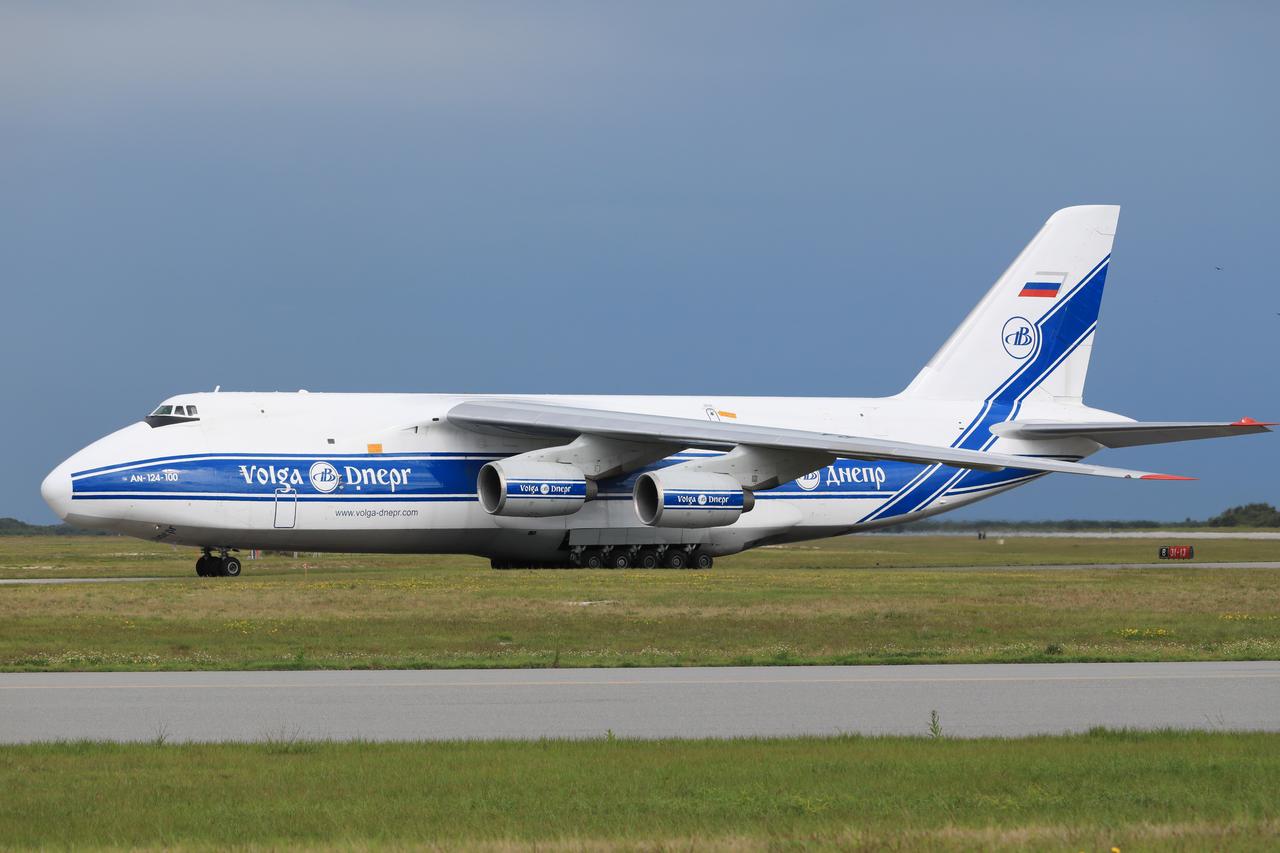 The Antonov 124 cargo aircraft, carrying the United Launch Alliance booster for NASA’s Mars Perseverance rover, taxis off the runway at the Skid Strip at Cape Canaveral Air Force Station (CCAFS) in Florida on May 18, 2020. The Mars Perseverance rover is scheduled to launch in mid-July atop a United Launch Alliance Atlas V 541 rocket from Pad 41 at CCAFS. The rover is part of NASA’s Mars Exploration Program, a long-term effort of robotic exploration of the Red Planet. The rover will search for habitable conditions in the ancient past and signs of past microbial life on Mars. The Launch Services Program at Kennedy is responsible for launch management.