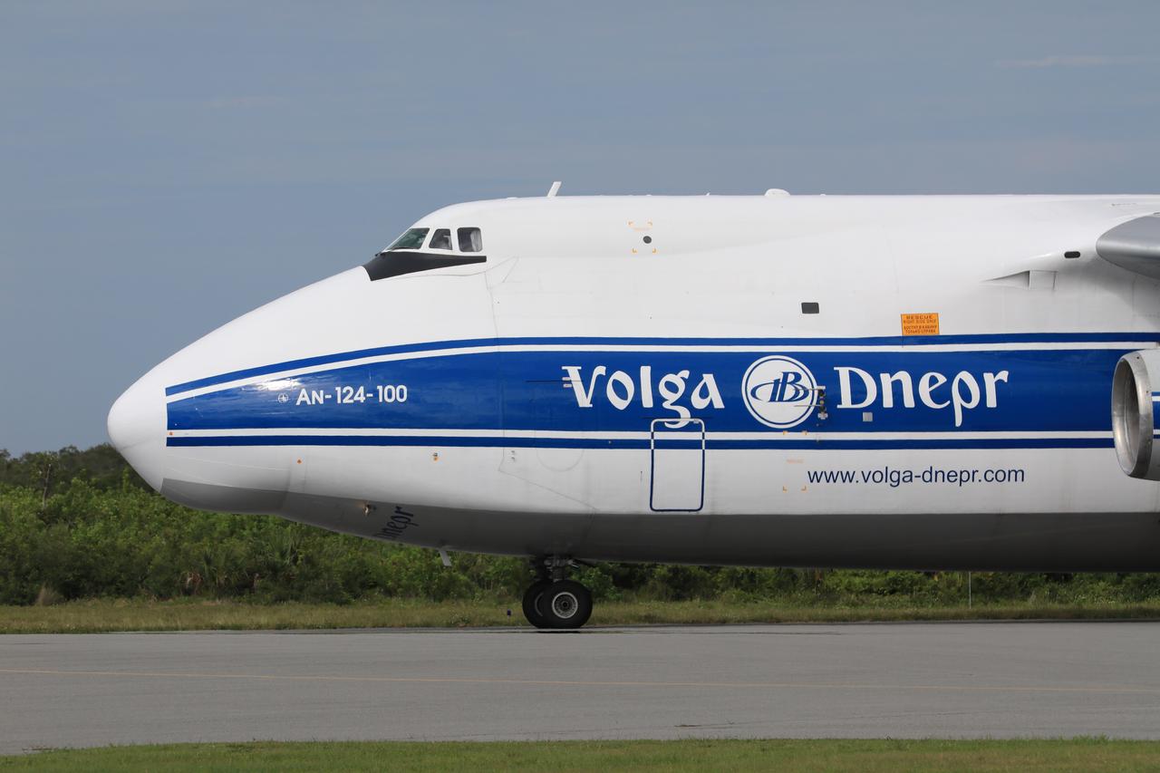The Antonov 124 cargo aircraft, carrying the United Launch Alliance booster for NASA’s Mars Perseverance rover, taxis off the runway at the Skid Strip at Cape Canaveral Air Force Station (CCAFS) in Florida on May 18, 2020. The Mars Perseverance rover is scheduled to launch in mid-July atop a United Launch Alliance Atlas V 541 rocket from Pad 41 at CCAFS. The rover is part of NASA’s Mars Exploration Program, a long-term effort of robotic exploration of the Red Planet. The rover will search for habitable conditions in the ancient past and signs of past microbial life on Mars. The Launch Services Program at Kennedy is responsible for launch management.