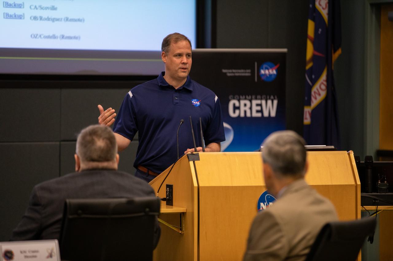 On May 21, 2020, inside the Operations Support Building II at NASA’s Kennedy Space Center in Florida, NASA Administrator Jim Bridenstine participates in a flight readiness review for the upcoming Demo-2 launch. A SpaceX Falcon 9 rocket and Crew Dragon spacecraft will carry NASA astronauts Robert Behnken and Douglas Hurley to the International Space Station as part of the agency’s Commercial Crew Program, returning human spaceflight capability to the U.S. after nearly a decade. Launch is slated for 4:33 p.m. EDT on Wednesday, May 27, from Kennedy’s Launch Complex 39A.
