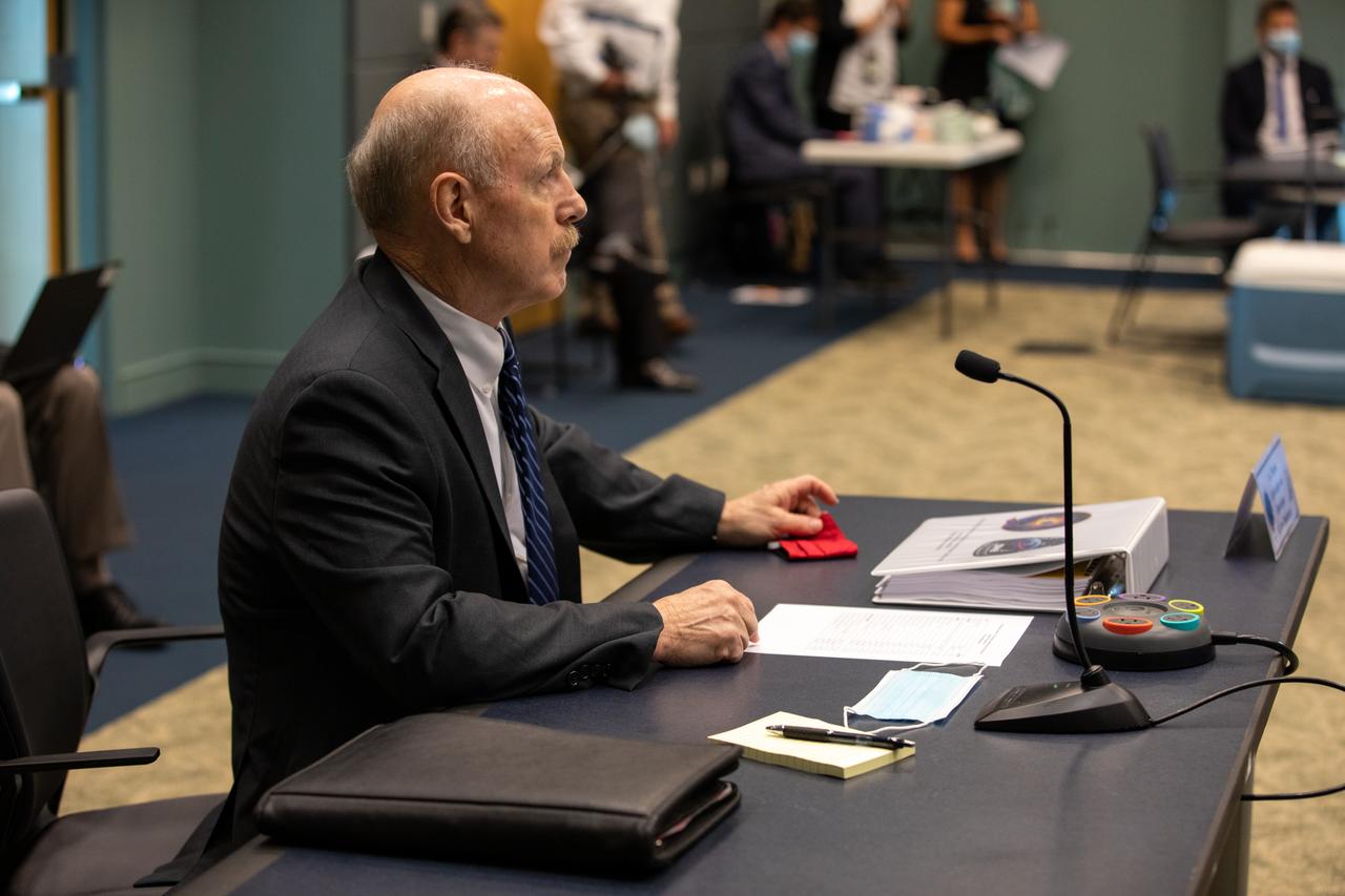 On May 21, 2020, inside the Operations Support Building II at NASA’s Kennedy Space Center in Florida, Kenneth Bowersox, deputy associate administrator for the agency’s Human Exploration and Operations Missions Directorate, participates in a flight readiness review for the upcoming Demo-2 launch. A SpaceX Falcon 9 rocket and Crew Dragon spacecraft will carry NASA astronauts Robert Behnken and Douglas Hurley to the International Space Station as part of the agency’s Commercial Crew Program, returning human spaceflight capability to the U.S. after nearly a decade. Launch is slated for 4:33 p.m. EDT on Wednesday, May 27, from Kennedy’s Launch Complex 39A.