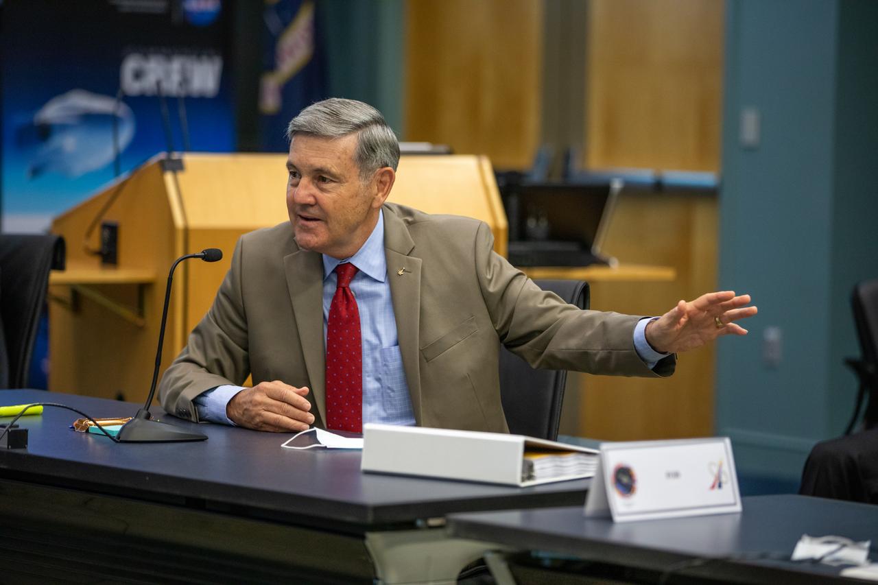 On May 21, 2020, inside the Operations Support Building II at NASA’s Kennedy Space Center in Florida, Center Director Bob Cabana participates in a flight readiness review for the upcoming Demo-2 launch. A SpaceX Falcon 9 rocket and Crew Dragon spacecraft will carry NASA astronauts Robert Behnken and Douglas Hurley to the International Space Station as part of the agency’s Commercial Crew Program, returning human spaceflight capability to the U.S. after nearly a decade. Launch is slated for 4:33 p.m. EDT on Wednesday, May 27, from Kennedy’s Launch Complex 39A.