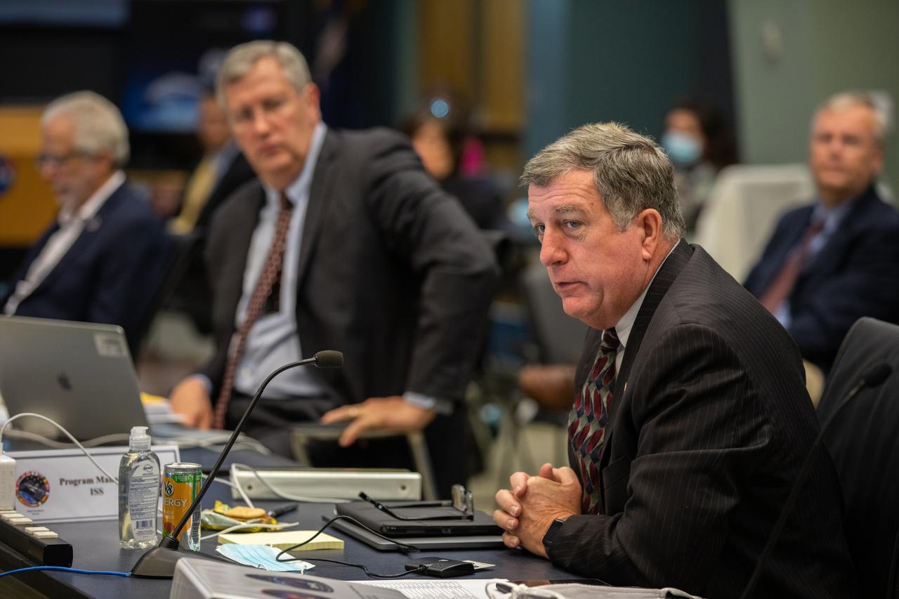 On May 21, 2020, inside the Operations Support Building II at NASA’s Kennedy Space Center in Florida, International Space Station Program Manager Kirk Shireman participates in a flight readiness review for the upcoming Demo-2 launch. A SpaceX Falcon 9 rocket and Crew Dragon spacecraft will carry NASA astronauts Robert Behnken and Douglas Hurley to the International Space Station as part of the agency’s Commercial Crew Program, returning human spaceflight capability to the U.S. after nearly a decade. Launch is slated for 4:33 p.m. EDT on Wednesday, May 27, from Kennedy’s Launch Complex 39A.