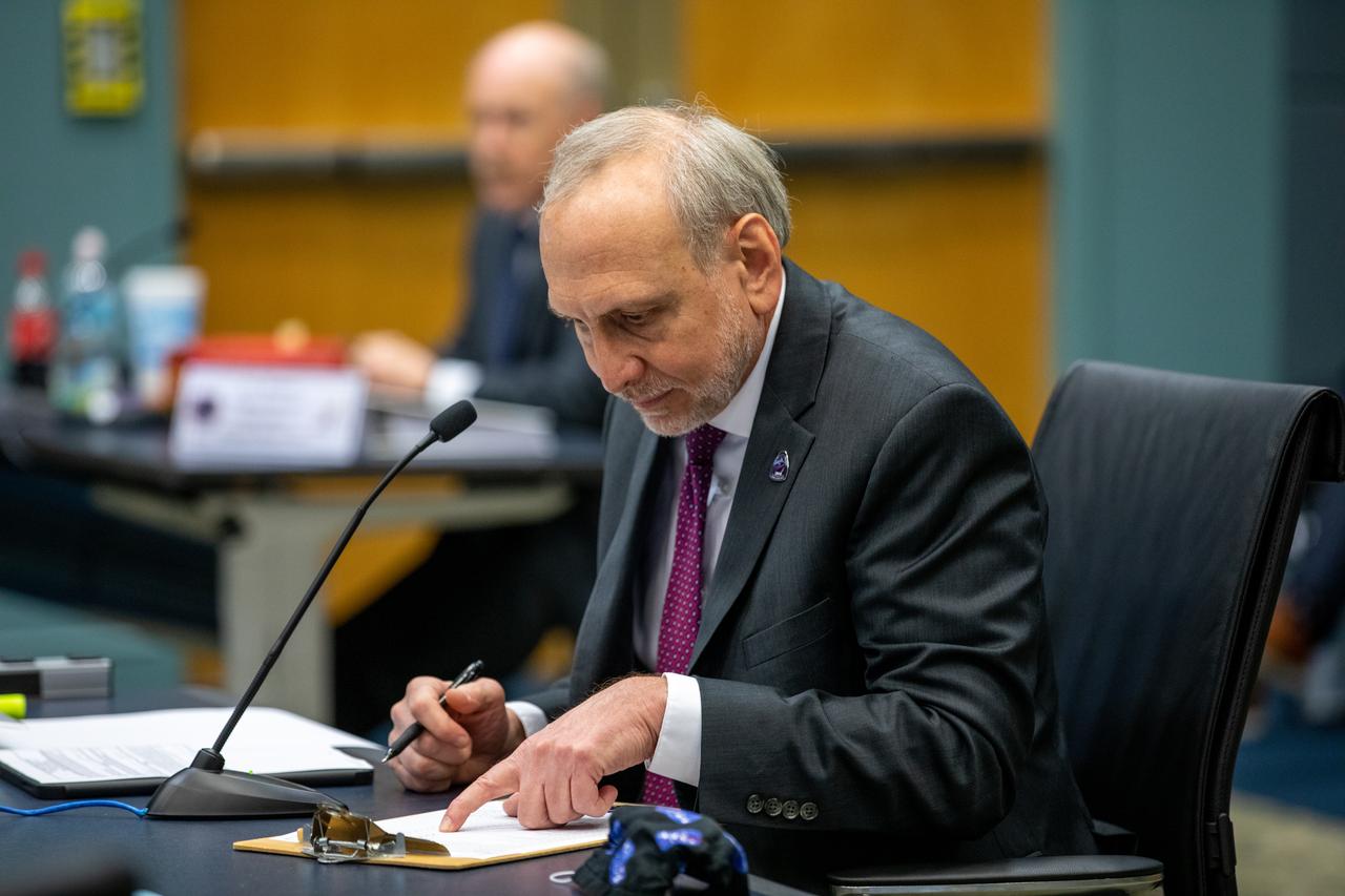 On May 22, 2020, inside the Operations Support Building II at NASA’s Kennedy Space Center in Florida, NASA Associate Administrator Steve Jurczyk participates in a flight readiness review for the upcoming Demo-2 launch. A SpaceX Falcon 9 rocket and Crew Dragon spacecraft will carry NASA astronauts Robert Behnken and Douglas Hurley to the International Space Station as part of the agency’s Commercial Crew Program, returning human spaceflight capability to the U.S. after nearly a decade. Launch is slated for 4:33 p.m. EDT on Wednesday, May 27, from Kennedy’s Launch Complex 39A.
