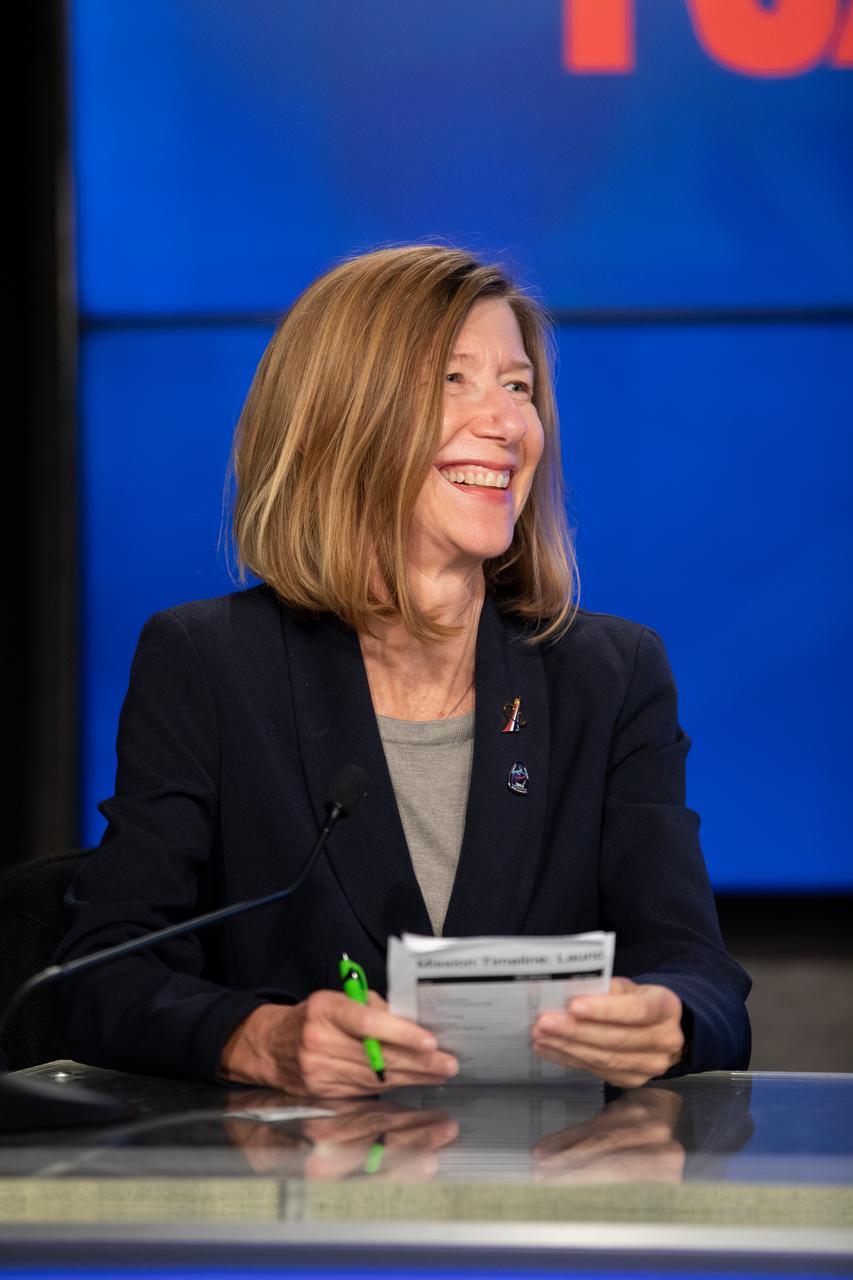 Commercial Crew Program Manager Kathy Lueders participates in a news briefing inside the Press Site auditorium at NASA’s Kennedy Space Center in Florida on May 22, 2020, following the conclusion of the flight readiness review for NASA’s SpaceX Demo-2 mission, with NASA astronauts Robert Behnken and Douglas Hurley, to the International Space Station. This will be SpaceX’s final flight test for NASA’s Commercial Crew Program. Behnken and Hurley will fly to the orbiting laboratory in a SpaceX Crew Dragon spacecraft, launching atop a Falcon 9 rocket from Kennedy’s Launch Complex 39A. Liftoff is scheduled for 4:33 p.m. EDT on Wednesday, May 27.