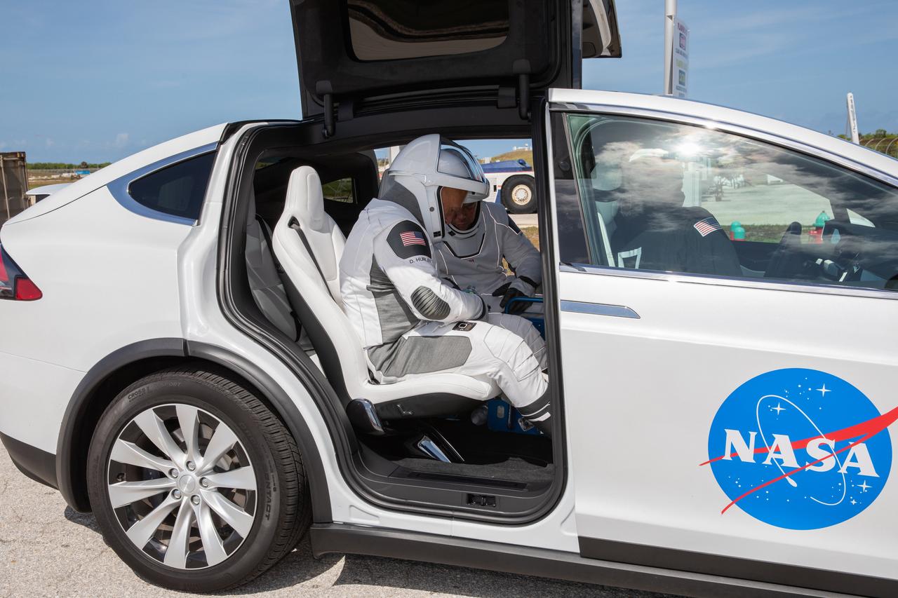NASA astronauts Douglas Hurley (left) and Robert Behnken (right) participate in a dress rehearsal for launch at the agency’s Kennedy Space Center in Florida on May 23, 2020, ahead of NASA’s SpaceX Demo-2 mission to the International Space Station. Demo-2 will serve as an end-to-end flight test of SpaceX’s crew transportation system, providing valuable data toward NASA certifying the system for regular, crewed missions to the orbiting laboratory under the agency’s Commercial Crew Program. Liftoff is targeted for 4:33 p.m. EDT on Wednesday, May 27.