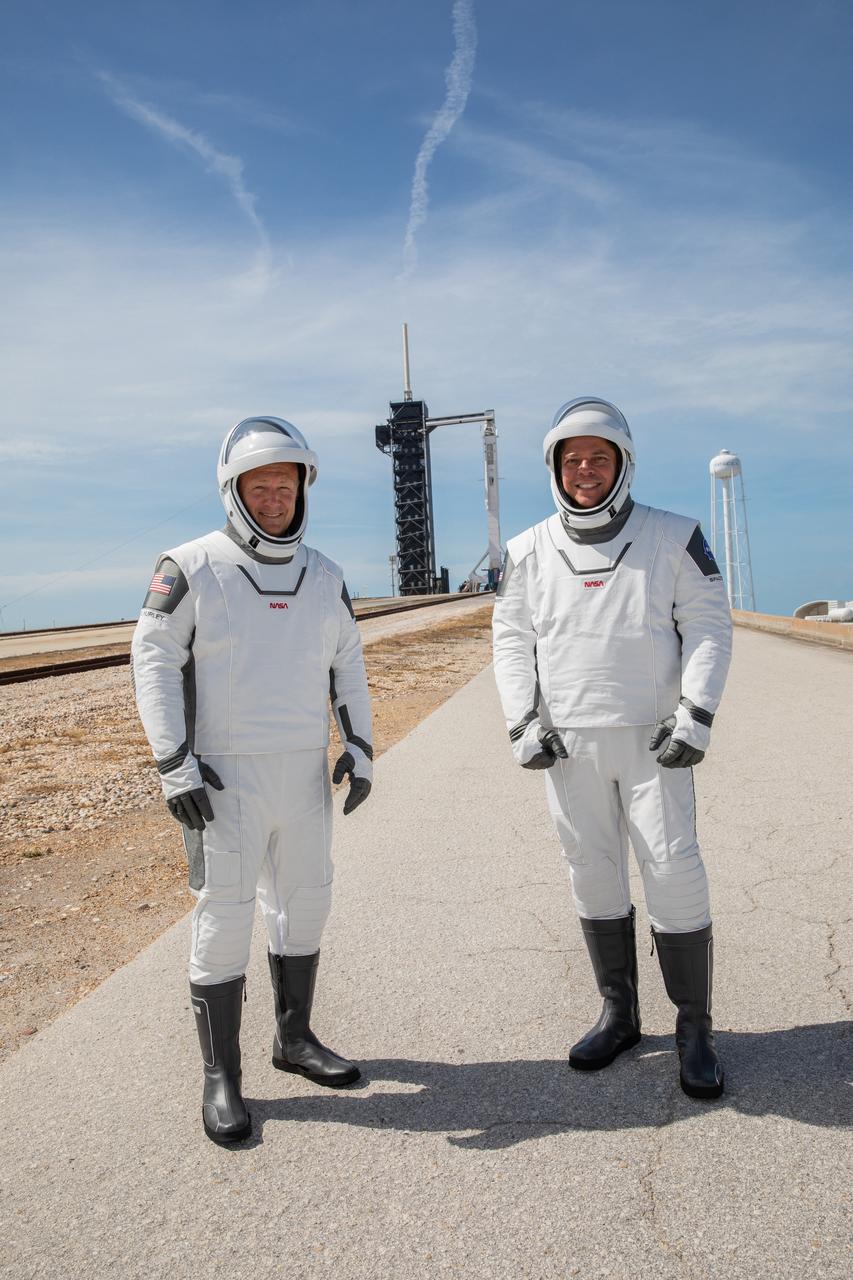 NASA astronauts Douglas Hurley (left) and Robert Behnken (right) participate in a dress rehearsal for launch at the agency’s Kennedy Space Center in Florida on May 23, 2020, ahead of NASA’s SpaceX Demo-2 mission to the International Space Station. Demo-2 will serve as an end-to-end flight test of SpaceX’s crew transportation system, providing valuable data toward NASA certifying the system for regular, crewed missions to the orbiting laboratory under the agency’s Commercial Crew Program. Liftoff is targeted for 4:33 p.m. EDT on Wednesday, May 27.