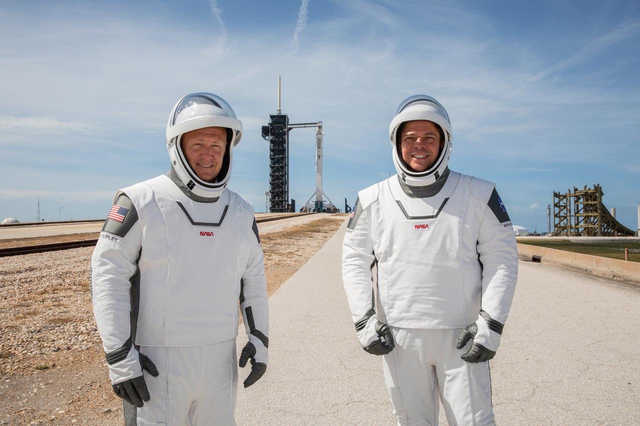 NASA astronauts Douglas Hurley (left) and Robert Behnken (right) participate in a dress rehearsal for launch at the agency’s Kennedy Space Center in Florida on May 23, 2020, ahead of NASA’s SpaceX Demo-2 mission to the International Space Station. Demo-2 will serve as an end-to-end flight test of SpaceX’s crew transportation system, providing valuable data toward NASA certifying the system for regular, crewed missions to the orbiting laboratory under the agency’s Commercial Crew Program. Liftoff is targeted for 4:33 p.m. EDT on Wednesday, May 27.