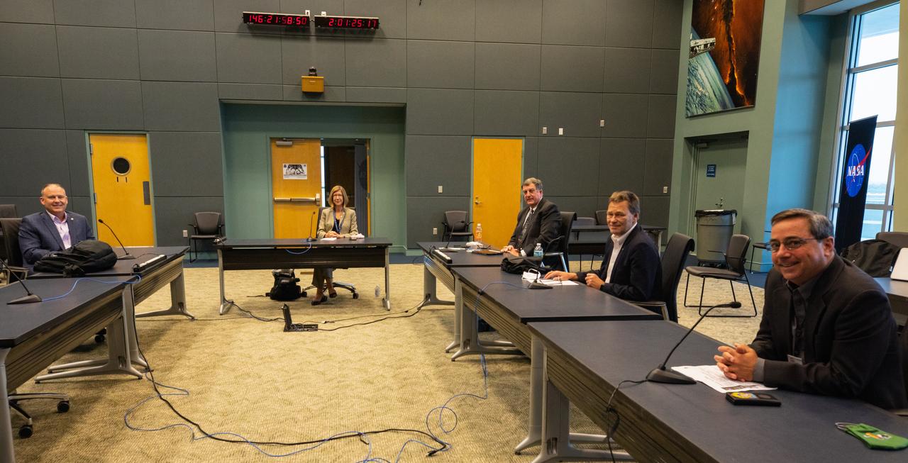 Representatives from NASA, SpaceX and the U.S. Space Force 45th Weather Squadron participate in a news conference following the Launch Readiness Review at the agency’s Kennedy Space Center in Florida on Monday, May 25, 2020, in advance of NASA’s SpaceX Demo-2 Flight Test to the International Space Station as part of NASA’s Commercial Crew Program. From the left are: Norm Knight, deputy director, NASA Johnson Space Center Flight Operations Kathy Lueders, manager, NASA Commercial Crew Program; Kirk Shireman, manager, International Space Station Program; Hans Koenigsmann, vice president, Build and Flight Reliability, SpaceX; and Mike McAleenan, launch weather officer, 45th Weather Squadron. Launch is currently targeted for 4:33 p.m. EDT Wednesday, May 27. The SpaceX Crew Dragon spacecraft will launch on a Falcon 9 rocket from historic Launch Complex 39A at NASA’s Kennedy Space Center in Florida.