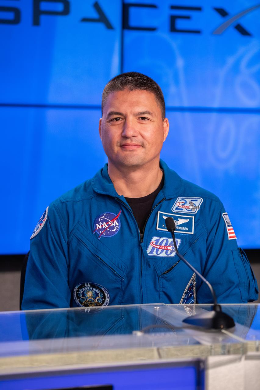NASA astronaut Kjell Lindgren participates in a press briefing inside the Press Site auditorium on May 26, 2020, at the agency’s Kennedy Space Center in Florida ahead of NASA’s SpaceX Demo-2 launch, slated for Wednesday, May 27. A SpaceX Falcon 9 rocket and Crew Dragon spacecraft are scheduled to lift off from Kennedy’s Launch Complex 39A, carrying NASA astronauts Robert Behnken and Douglas Hurley to the International Space Station. This will mark the first launch of astronauts from U.S. soil to the space station since the conclusion of the Space Shuttle Program in 2011. Part of the agency’s Commercial Crew Program, this will be SpaceX’s final flight test, paving the way for NASA to certify the crew transportation system for regular, crewed flights to the orbiting laboratory. Liftoff is scheduled for 4:33 p.m. EDT.