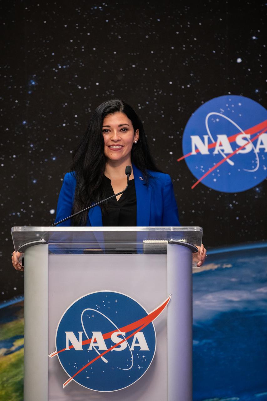 Bettina Inclan, with NASA Communications, moderates a press briefing inside the Press Site auditorium at NASA’s Kennedy Space Center in Florida on May 26, 2020, ahead of NASA’s SpaceX Demo-2 launch. A SpaceX Falcon 9 rocket and Crew Dragon spacecraft are scheduled to lift off from Kennedy’s Launch Complex 39A on Wednesday, May 27, carrying NASA astronauts Robert Behnken and Douglas Hurley to the International Space Station. This will mark the first launch of astronauts from U.S. soil to the space station since the conclusion of the Space Shuttle Program in 2011. Part of the agency’s Commercial Crew Program, this will be SpaceX’s final flight test, paving the way for NASA to certify the crew transportation system for regular, crewed flights to the orbiting laboratory. Liftoff is scheduled for 4:33 p.m. EDT.