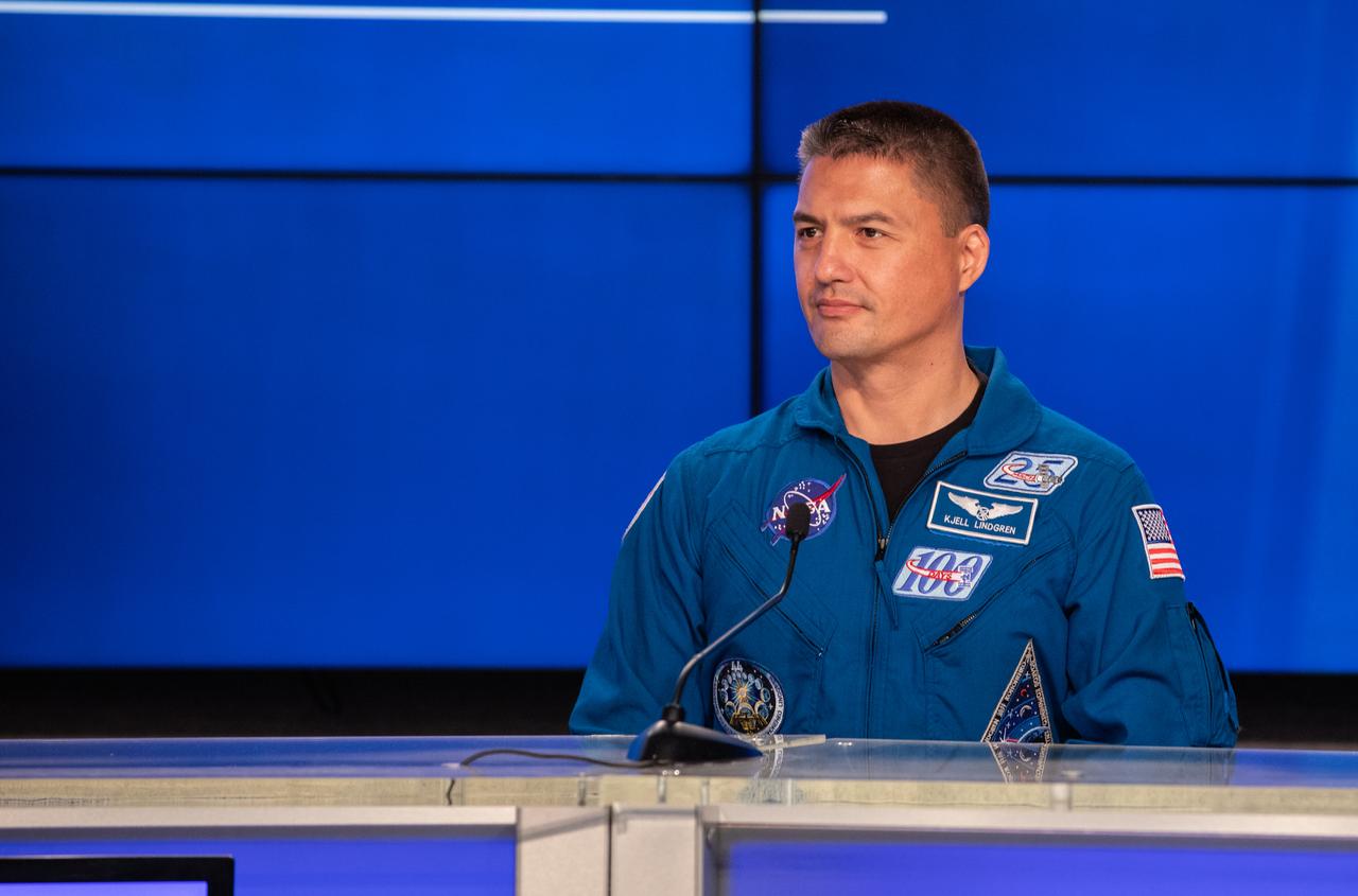 NASA astronaut Kjell Lindgren participates in a NASA Social Facebook Live briefing inside the Press Site auditorium on May 26, 2020, at the agency’s Kennedy Space Center in Florida ahead of NASA’s SpaceX Demo-2 launch, slated for Wednesday, May 27. A SpaceX Falcon 9 rocket and Crew Dragon spacecraft are scheduled to lift off from Kennedy’s Launch Complex 39A, carrying NASA astronauts Robert Behnken and Douglas Hurley to the International Space Station. This will mark the first launch of astronauts from U.S. soil to the space station since the conclusion of the Space Shuttle Program in 2011. Part of the agency’s Commercial Crew Program, this will be SpaceX’s final flight test, paving the way for NASA to certify the crew transportation system for regular, crewed flights to the orbiting laboratory. Liftoff is scheduled for 4:33 p.m. EDT.
