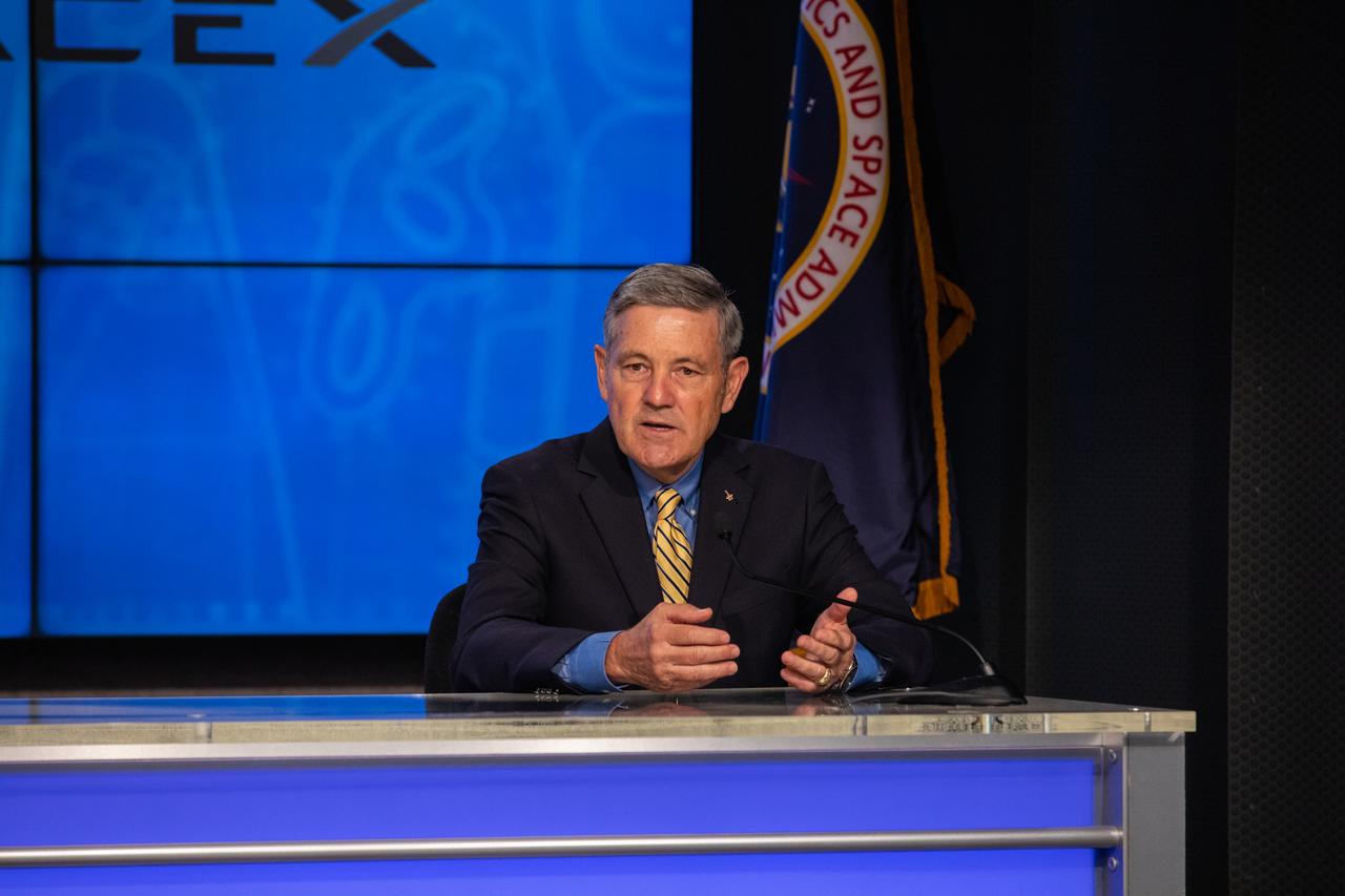 Kennedy Space Center Director Bob Cabana participates in a NASA Social Facebook Live briefing inside the Press Site auditorium on May 26, 2020, at Kennedy ahead of NASA’s SpaceX Demo-2 launch, slated for Wednesday, May 27. A SpaceX Falcon 9 rocket and Crew Dragon spacecraft are scheduled to lift off from Kennedy’s Launch Complex 39A, carrying NASA astronauts Robert Behnken and Douglas Hurley to the International Space Station. This will mark the first launch of astronauts from U.S. soil to the space station since the conclusion of the Space Shuttle Program in 2011. Part of the agency’s Commercial Crew Program, this will be SpaceX’s final flight test, paving the way for NASA to certify the crew transportation system for regular, crewed flights to the orbiting laboratory. Liftoff is scheduled for 4:33 p.m. EDT.