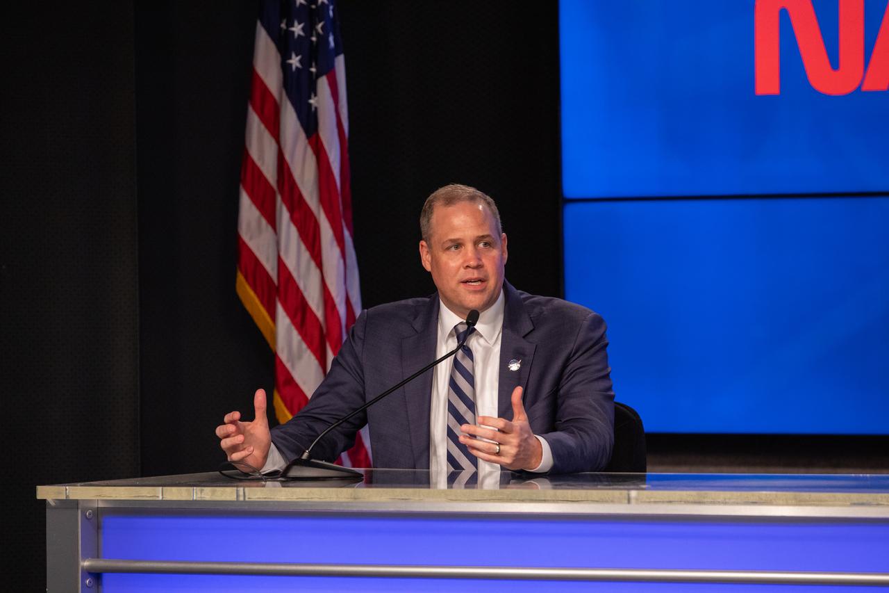 NASA Administrator Jim Bridenstine participates in a NASA Social Facebook Live briefing inside the Press Site auditorium on May 26, 2020, at the agency’s Kennedy Space Center in Florida ahead of NASA’s SpaceX Demo-2 launch, slated for Wednesday, May 27. A SpaceX Falcon 9 rocket and Crew Dragon spacecraft are scheduled to lift off from Kennedy’s Launch Complex 39A, carrying NASA astronauts Robert Behnken and Douglas Hurley to the International Space Station. This will mark the first launch of astronauts from U.S. soil to the space station since the conclusion of the Space Shuttle Program in 2011. Part of the agency’s Commercial Crew Program, this will be SpaceX’s final flight test, paving the way for NASA to certify the crew transportation system for regular, crewed flights to the orbiting laboratory. Liftoff is scheduled for 4:33 p.m. EDT.