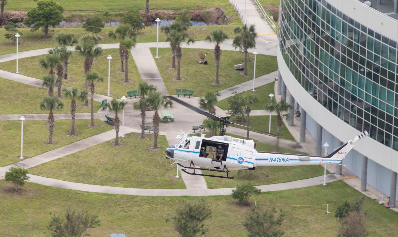 A helicopter that’s part of the convoy to escort NASA astronauts Robert Behnken and Douglas Hurley to Launch Complex 39A flies over the agency’s Kennedy Space Center in Florida on May 27, 2020, ahead of NASA’s SpaceX Demo-2 launch. The launch was scrubbed due to unfavorable weather conditions, and the next launch attempt will be Saturday, May 30. Liftoff of the SpaceX Falcon 9 rocket and Crew Dragon spacecraft is scheduled for 3:22 p.m. EDT from historic Launch Complex 39A. Behnken and Hurley will be the first astronauts to launch to the International Space Station from U.S. soil since the end of the Space Shuttle Program in 2011. Part of NASA’s Commercial Crew Program, this will be SpaceX’s final flight test, paving the way for the agency to certify the crew transportation system for regular, crewed flights to the orbiting laboratory.