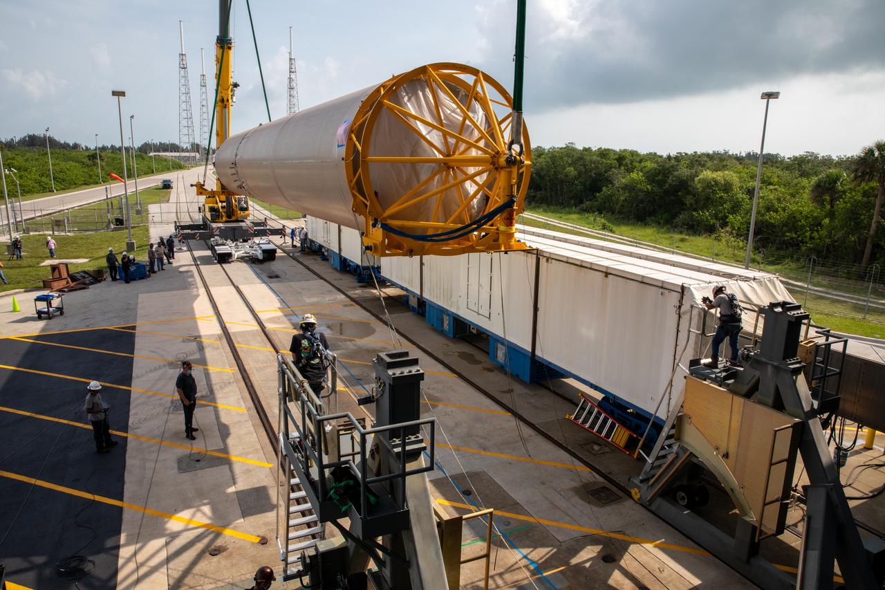 The United Launch Alliance Atlas V booster for NASA’s Mars Perseverance rover is being prepared for its lift up into the Vertical Integration Facility at Launch Complex 41 at Cape Canaveral Air Force Station (CCAFS) in Florida on May 28, 2020. The Mars Perseverance rover is scheduled to launch in mid-July atop the Atlas V 541 rocket from Pad 41 at CCAFS. The rover is part of NASA’s Mars Exploration Program, a long-term effort of robotic exploration of the Red Planet. The rover will search for habitable conditions in the ancient past and signs of past microbial life on Mars. The Launch Services Program at Kennedy is responsible for launch management.