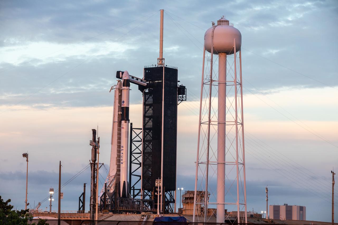 SpaceX Demo-2 at Launch Complex 39A during sunrise.