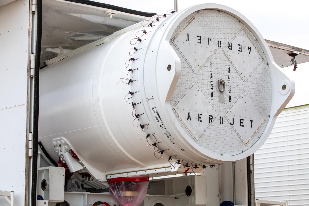 The first solid rocket booster (SRB) for the United Launch Alliance Atlas V 541 rocket for NASA’s Mars 2020 mission with the Perseverance rover departs for the Vertical Integration Facility (VIF) at Space Launch Complex 41 at Cape Canaveral Air Force Station (CCAFS) in Florida on May 29, 2020. The SRB will be prepared for lift and mating to the Atlas V booster in the VIF. The Mars Perseverance rover is scheduled to launch in mid-July atop the Atlas V rocket from Pad 41. The rover is part of NASA’s Mars Exploration Program, a long-term effort of robotic exploration of the Red Planet. The rover will search for habitable conditions in the ancient past and signs of past microbial life on Mars. The Launch Services Program at Kennedy is responsible for launch management. 