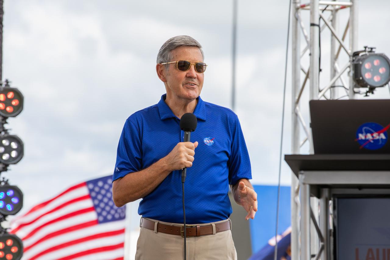 Kennedy Space Center Director Bob Cabana participates in a NASA Social YouTube Live briefing May 29, 2020, near the Press Site countdown clock at Kennedy ahead of NASA’s SpaceX Demo-2 launch. The launch, initially scheduled for May 27, was scrubbed due to unfavorable weather conditions. The next launch attempt is Saturday, May 30. A SpaceX Falcon 9 rocket and Crew Dragon spacecraft are scheduled to lift off from Kennedy’s Launch Complex 39A, carrying NASA astronauts Robert Behnken and Douglas Hurley to the International Space Station. This will mark the first launch of astronauts from U.S. soil to the space station since the conclusion of the Space Shuttle Program in 2011. Part of the agency’s Commercial Crew Program, this will be SpaceX’s final flight test, paving the way for NASA to certify the crew transportation system for regular, crewed flights to the orbiting laboratory. Liftoff is scheduled for 3:22 p.m. EDT.