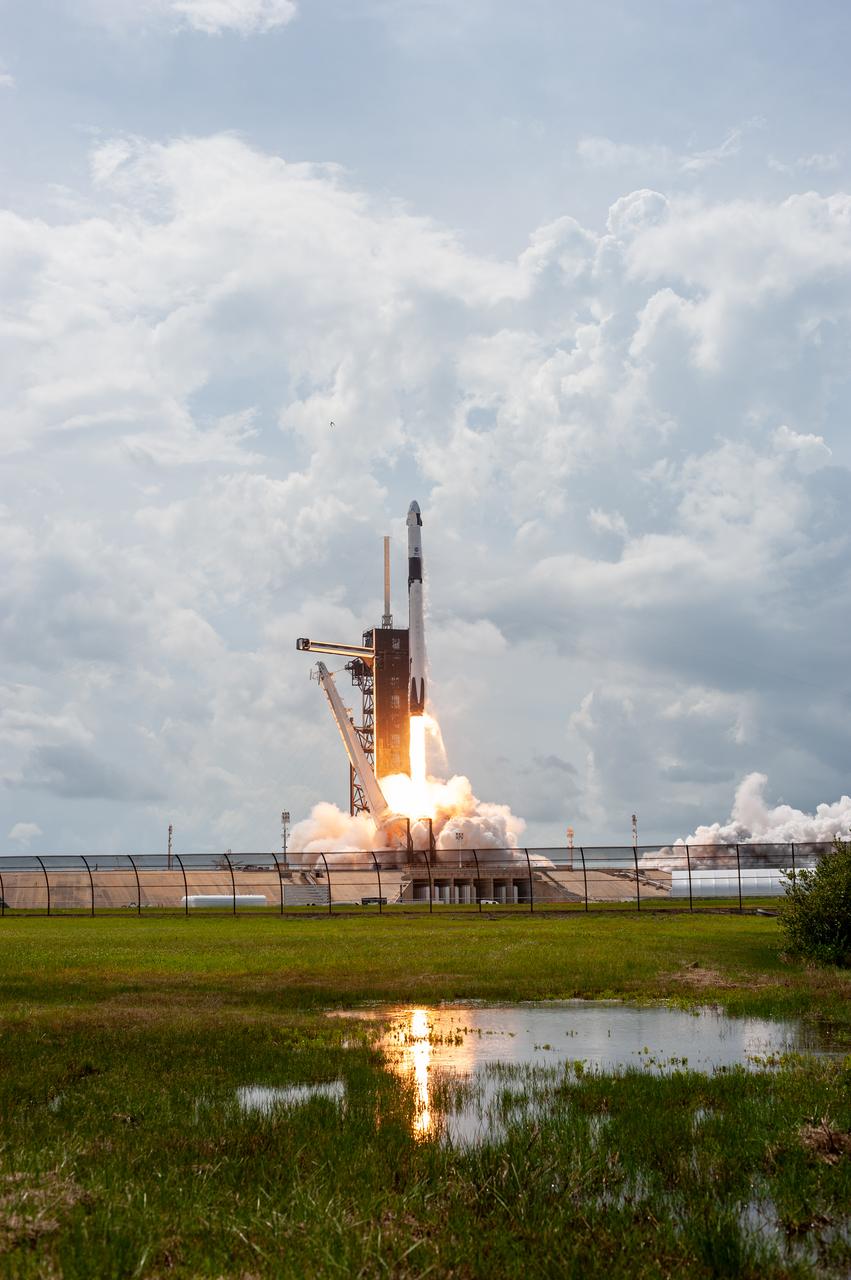 A SpaceX Falcon 9 rocket and Crew Dragon spacecraft lifts off from Launch Complex 39A at NASA’s Kennedy Space Center in Florida on May 30, 2020, carrying NASA astronauts Robert Behnken and Douglas Hurley to the International Space Station for the agency’s SpaceX Demo-2 mission. Liftoff occurred at 3:22 p.m. EDT. Behnken and Hurley are the first astronauts to launch from U.S. soil to the space station since the end of the Space Shuttle Program in 2011. Part of NASA’s Commercial Crew Program, this will be SpaceX’s final flight test, paving the way for the agency to certify the crew transportation system for regular, crewed flights to the orbiting laboratory.
