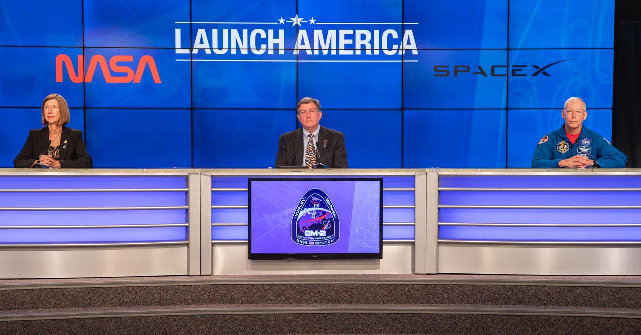 From left, NASA Commercial Crew Program Manager Kathy Lueders, NASA International Space Station Program Manager Kirk Shireman and NASA Chief Astronaut Pat Forrester participate in a postlaunch news conference inside the Press Site auditorium at NASA’s Kennedy Space Center in Florida on May 30, 2020, following the launch of the agency’s SpaceX Demo-2 mission to the International Space Station. Liftoff of the SpaceX Falcon 9 rocket and Crew Dragon spacecraft, carrying NASA astronauts Robert Behnken and Douglas Hurley, occurred at 3:22 p.m. EDT from historic Launch Complex 39A. Behnken and Hurley are the first astronauts to launch to the space station from U.S. soil since the end of the Space Shuttle Program in 2011. Part of NASA’s Commercial Crew Program, this will be SpaceX’s final flight test, paving the way for the agency to certify the crew transportation system for regular, crewed flights to the orbiting laboratory.
