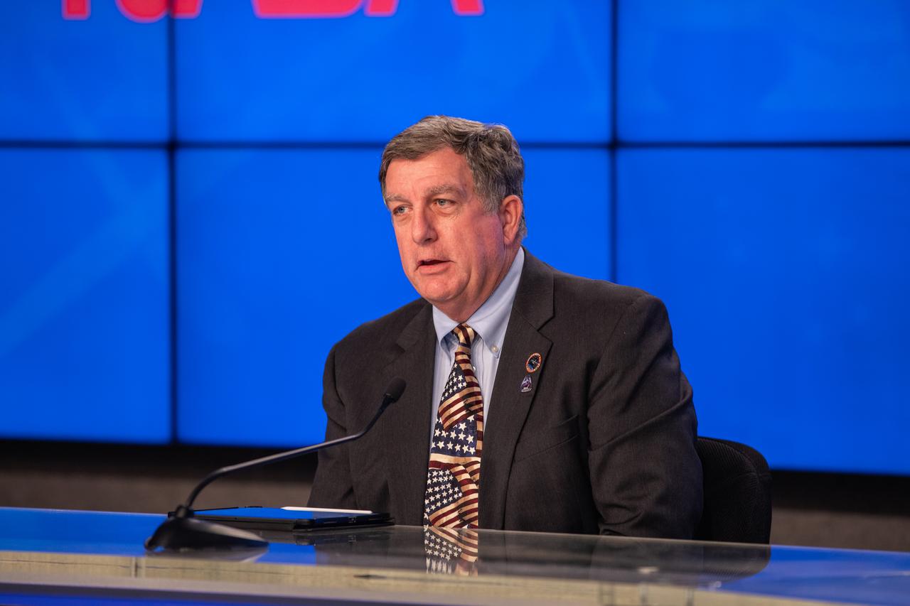 NASA’s International Space Station Program Manager, Kirk Shireman, participates in a postlaunch news conference inside the Press Site auditorium at the agency’s Kennedy Space Center in Florida on May 30, 2020, following the launch of NASA’s SpaceX Demo-2 mission to the International Space Station. Liftoff of the SpaceX Falcon 9 rocket and Crew Dragon spacecraft, carrying NASA astronauts Robert Behnken and Douglas Hurley, occurred at 3:22 p.m. EDT from historic Launch Complex 39A. Behnken and Hurley are the first astronauts to launch to the space station from U.S. soil since the end of the Space Shuttle Program in 2011. Part of NASA’s Commercial Crew Program, this will be SpaceX’s final flight test, paving the way for the agency to certify the crew transportation system for regular, crewed flights to the orbiting laboratory.