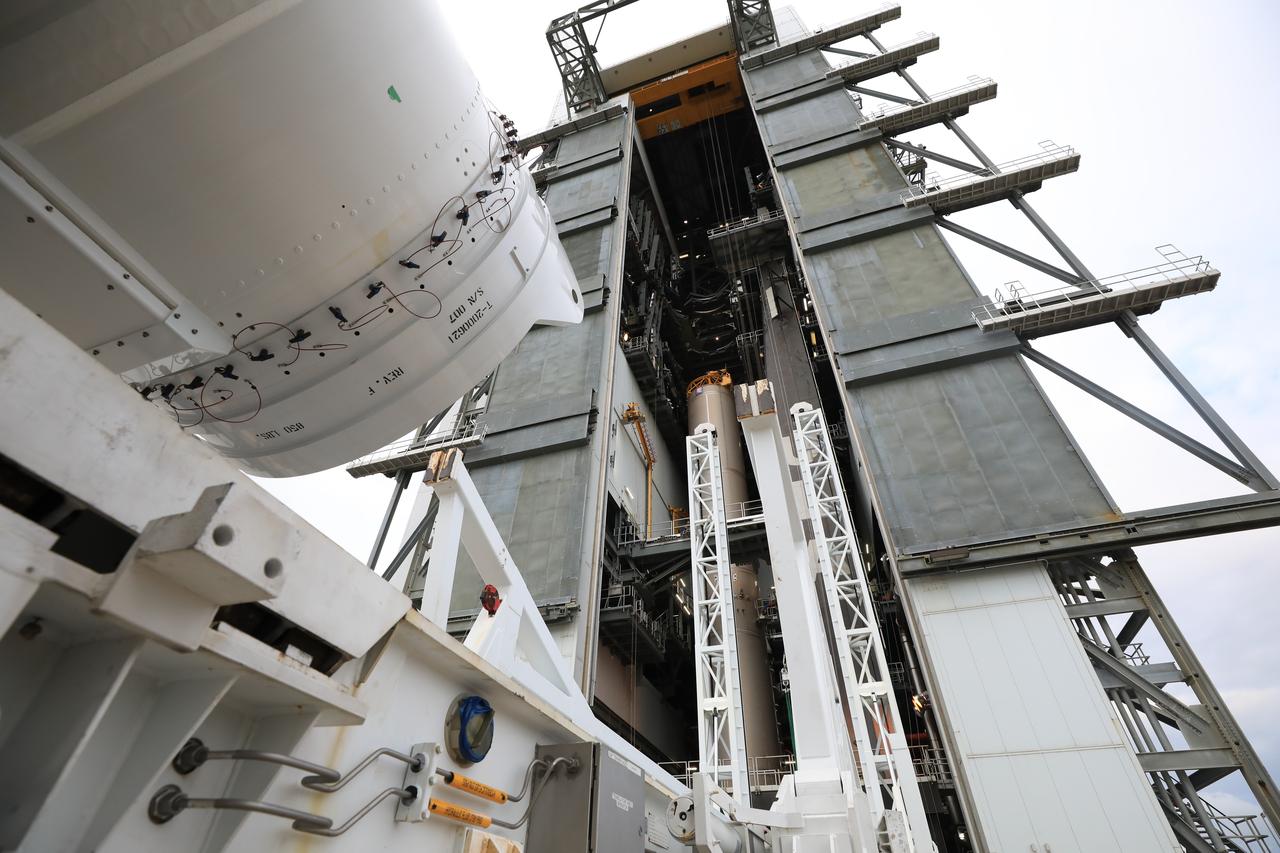 The second of four solid rocket boosters (SRB) for the United Launch Alliance Atlas V 541 rocket for NASA’s Mars 2020 mission with the Perseverance rover arrives at the Vertical Integration Facility (VIF) at Space Launch Complex 41 at Cape Canaveral Air Force Station (CCAFS) in Florida on June 3, 2020. The SRB will be prepared for lift and mating to the Atlas V booster in the VIF. The Mars Perseverance rover is scheduled to launch on July 20, 2020, atop the Atlas V rocket from Pad 41. The rover is part of NASA’s Mars Exploration Program, a long-term effort of robotic exploration of the Red Planet. The rover’s seven instruments will search for habitable conditions in the ancient past and signs of past microbial life on Mars. The Launch Services Program at Kennedy is responsible for launch management.