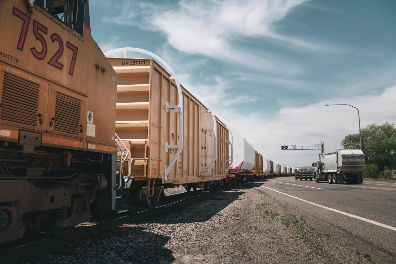 The two solid rocket boosters that will power NASA’s Space Launch System (SLS) for Artemis missions to the Moon are on their way to the agency’s Kennedy Space Center in Florida after departing from a Northrop Grumman manufacturing facility in Promontory, Utah, on June 5, 2020. The boosters – each comprised of five motor segments – are scheduled to arrive at Kennedy’s Rotation, Processing and Surge Facility, where teams with NASA’s Exploration Ground Systems will process the segments before moving them to the Vehicle Assembly Building for stacking on the mobile launcher. Under the Artemis program, NASA will land the first woman and the next man on the Moon by 2024. The first in a series of increasingly complex missions, Artemis I will test the Orion spacecraft and SLS as an integrated system ahead of crewed flights to the Moon. 