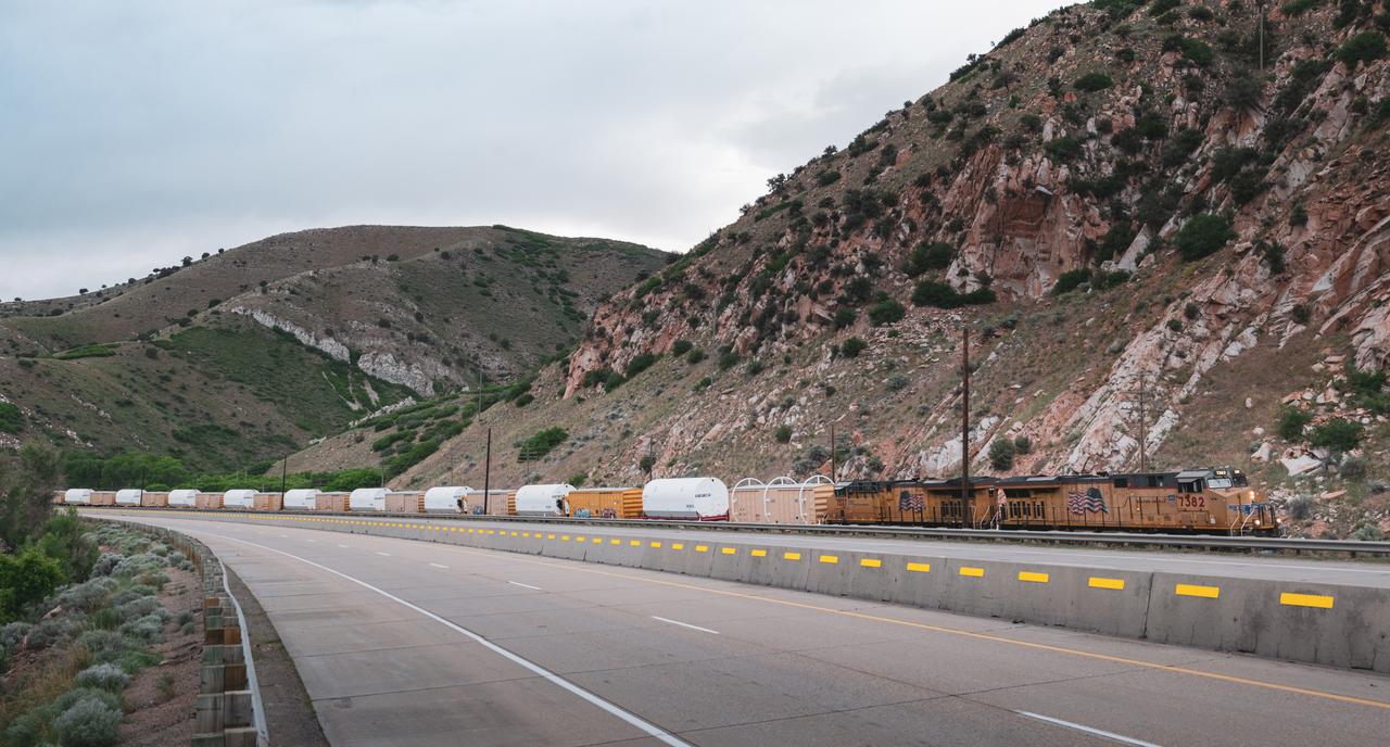 The two solid rocket boosters that will power NASA’s Space Launch System (SLS) for Artemis missions to the Moon are on their way to the agency’s Kennedy Space Center in Florida after departing from a Northrop Grumman manufacturing facility in Promontory, Utah, on June 5, 2020. The boosters – each comprised of five motor segments – are scheduled to arrive at Kennedy’s Rotation, Processing and Surge Facility, where teams with NASA’s Exploration Ground Systems will process the segments before moving them to the Vehicle Assembly Building for stacking on the mobile launcher. Under the Artemis program, NASA will land the first woman and the next man on the Moon by 2024. The first in a series of increasingly complex missions, Artemis I will test the Orion spacecraft and SLS as an integrated system ahead of crewed flights to the Moon. 