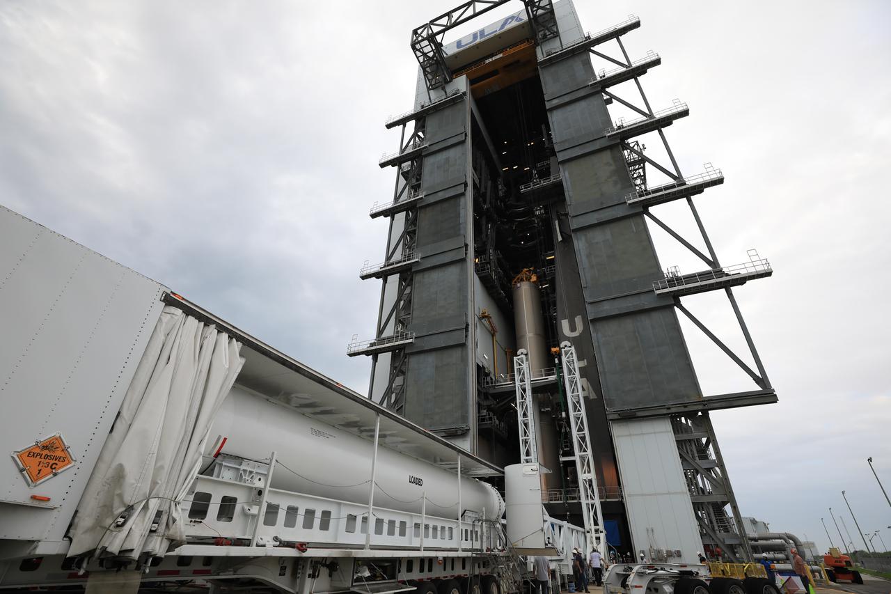 The third of four solid rocket boosters (SRB) for the United Launch Alliance Atlas V 541 rocket arrives at the Vertical Integration Facility (VIF) at Space Launch Complex 41 at Cape Canaveral Air Force Station (CCAFS) in Florida on June 8, 2020. The SRB will be prepared for lift and mating to the Atlas V booster in the VIF. The Mars 2020 mission with the Perseverance rover is scheduled to launch on July 20, 2020, atop the Atlas V rocket from Pad 41. The rover is part of NASA’s Mars Exploration Program, a long-term effort of robotic exploration of the Red Planet. The rover’s seven instruments will search for habitable conditions in the ancient past and signs of past microbial life on Mars. The Launch Services Program at Kennedy is responsible for launch management.