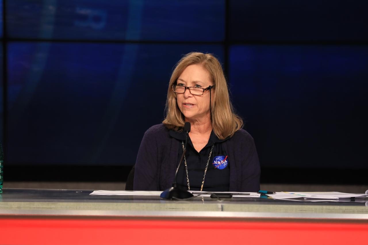 Kennedy Space Center Deputy Director Janet Petro participates in a virtual town hall at the Florida spaceport’s Press Site auditorium on June 10, 2020, to share the plan for employees to safely return to on-site work during the time of COVID-19. Also participating were Center Director Bob Cabana and Dr. David Tipton, chief medical officer, not pictured.