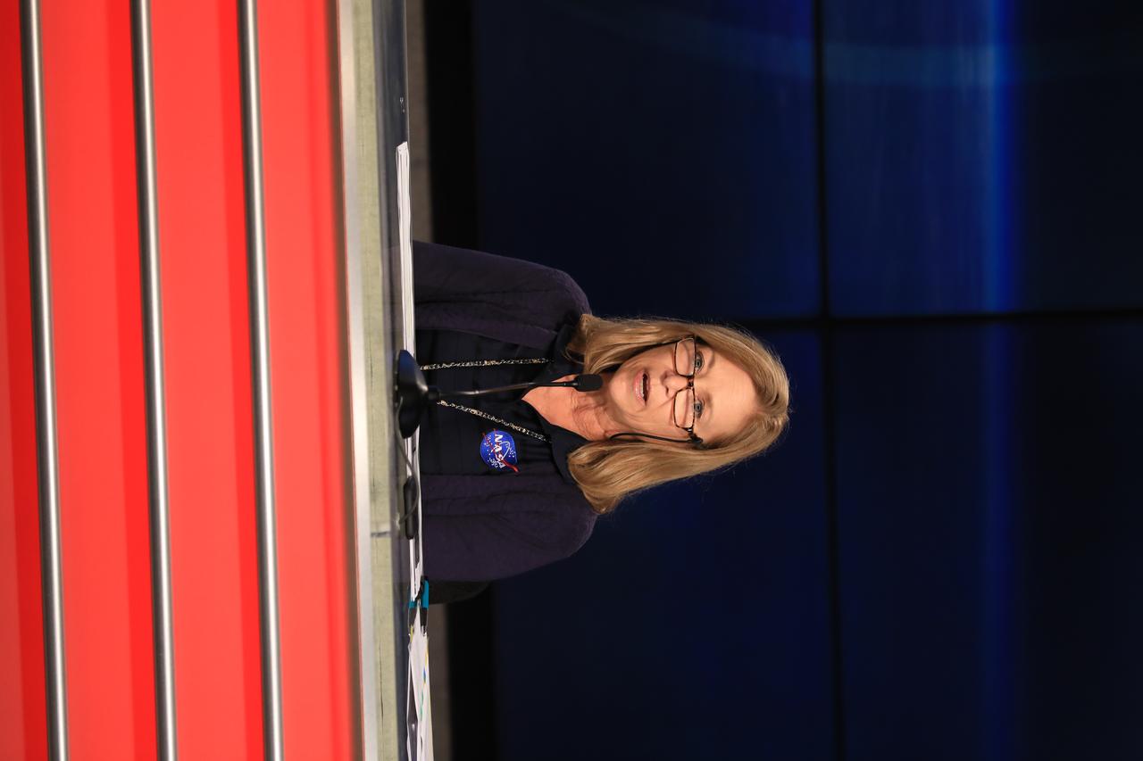 Kennedy Space Center Deputy Director Janet Petro participates in a virtual town hall at the Florida spaceport’s Press Site auditorium on June 10, 2020, to share the plan for employees to safely return to on-site work during the time of COVID-19. Also participating were Center Director Bob Cabana and Dr. David Tipton, chief medical officer, not pictured.