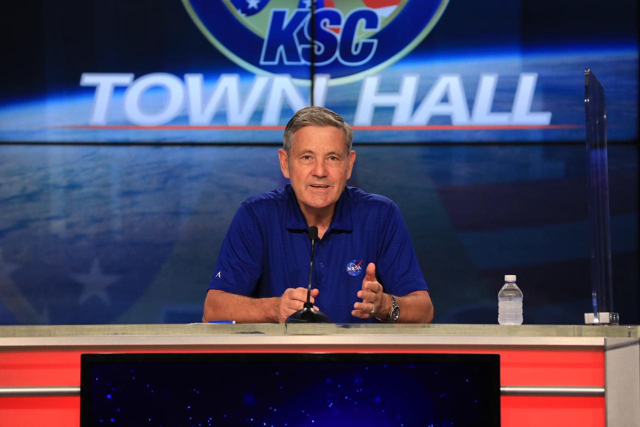 Kennedy Space Center Director Bob Cabana participates in a virtual town hall at the Florida spaceport’s Press Site auditorium on June 10, 2020, to share the plan for employees to safely return to on-site work during the time of COVID-19. Also participating were Deputy Director Janet Petro and Dr. David Tipton, chief medical officer, not pictured.