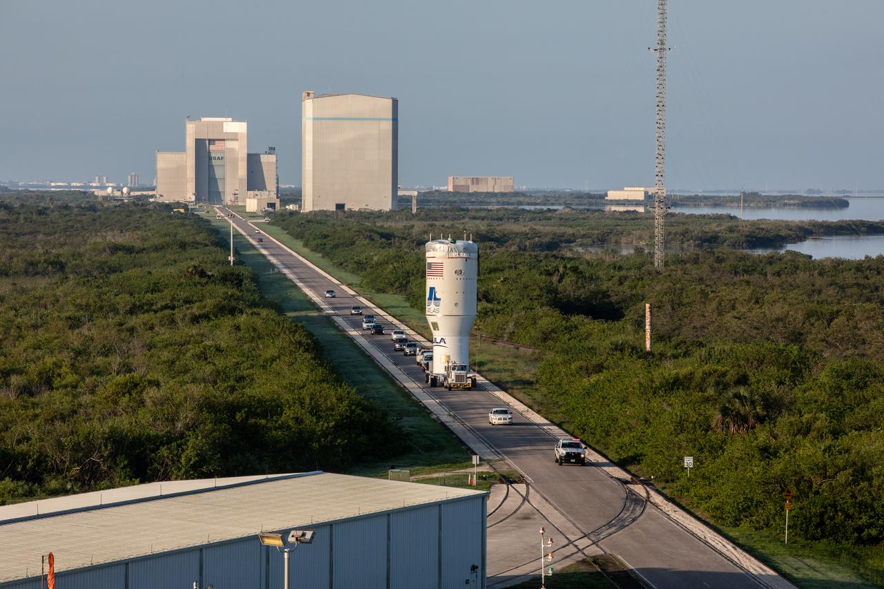 The single-engine Centaur upper stage for the United Launch Alliance Atlas V rocket for NASA’s Mars Perseverance rover is being transported to the Vertical Integration Facility at Space Launch Complex 41 at Cape Canaveral Air Force Station in Florida on June 10, 2020. The Centaur will be lifted up and attached to the rocket’s first stage. The Mars Perseverance rover is scheduled to launch atop the Atlas V 541 rocket from Pad 41 on July 20, 2020. The rover is part of NASA’s Mars Exploration Program, a long-term effort of robotic exploration of the Red Planet. The rover’s seven instruments will search for habitable conditions in the ancient past and signs of past microbial life on Mars. The Launch Services Program at Kennedy is responsible for launch management.