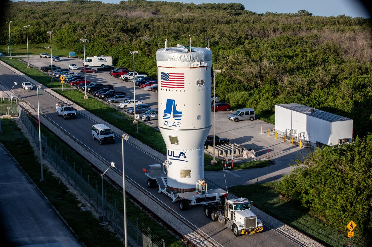 The single-engine Centaur upper stage for the United Launch Alliance Atlas V rocket for NASA’s Mars Perseverance rover is being transported to the Vertical Integration Facility at Space Launch Complex 41 at Cape Canaveral Air Force Station in Florida on June 10, 2020. The Centaur will be lifted up and attached to the rocket’s first stage. The Mars Perseverance rover is scheduled to launch atop the Atlas V 541 rocket from Pad 41 on July 20, 2020. The rover is part of NASA’s Mars Exploration Program, a long-term effort of robotic exploration of the Red Planet. The rover’s seven instruments will search for habitable conditions in the ancient past and signs of past microbial life on Mars. The Launch Services Program at Kennedy is responsible for launch management. 