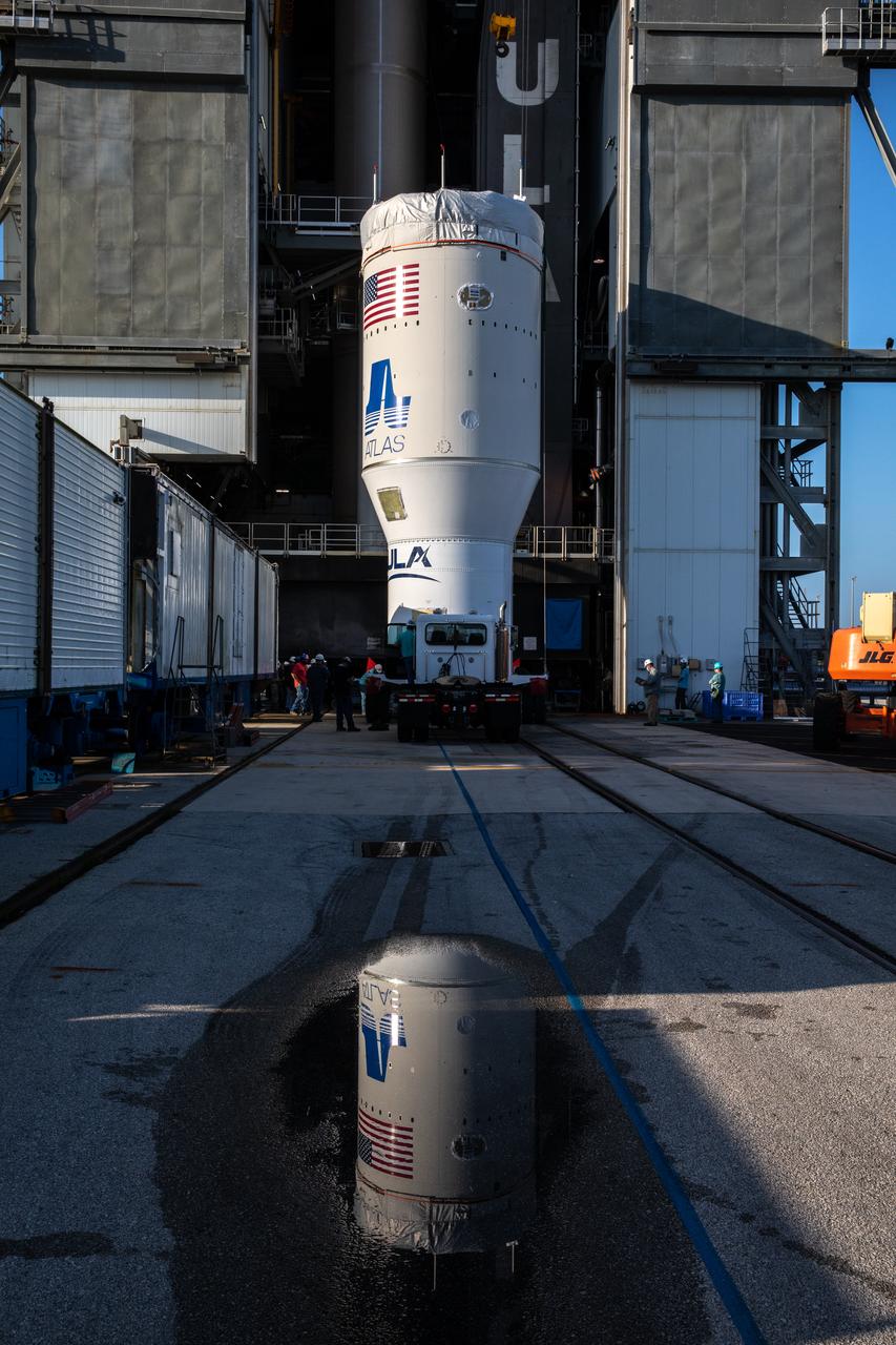 The single-engine Centaur upper stage for the United Launch Alliance Atlas V rocket for NASA’s Mars Perseverance rover arrives at the Vertical Integration Facility at Space Launch Complex 41 at Cape Canaveral Air Force Station in Florida on June 10, 2020. The Centaur will be lifted up and attached to the rocket’s first stage. The Mars Perseverance rover is scheduled to launch atop the Atlas V 541 rocket from Pad 41 on July 20, 2020. The rover is part of NASA’s Mars Exploration Program, a long-term effort of robotic exploration of the Red Planet. The rover’s seven instruments will search for habitable conditions in the ancient past and signs of past microbial life on Mars. The Launch Services Program at Kennedy is responsible for launch management.