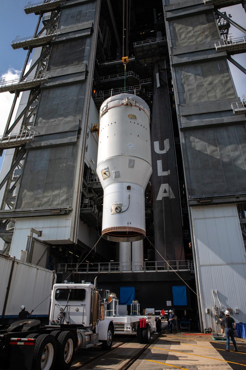 The single-engine Centaur upper stage for the United Launch Alliance Atlas V rocket for NASA’s Mars Perseverance rover is lifted up at the Vertical Integration Facility at Space Launch Complex 41 at Cape Canaveral Air Force Station in Florida on June 10, 2020. The Centaur will be attached to the rocket’s first stage. The Mars Perseverance rover is scheduled to launch atop the Atlas V 541 rocket from Pad 41 on July 20, 2020. The rover is part of NASA’s Mars Exploration Program, a long-term effort of robotic exploration of the Red Planet. The rover’s seven instruments will search for habitable conditions in the ancient past and signs of past microbial life on Mars. The Launch Services Program at Kennedy is responsible for launch management.